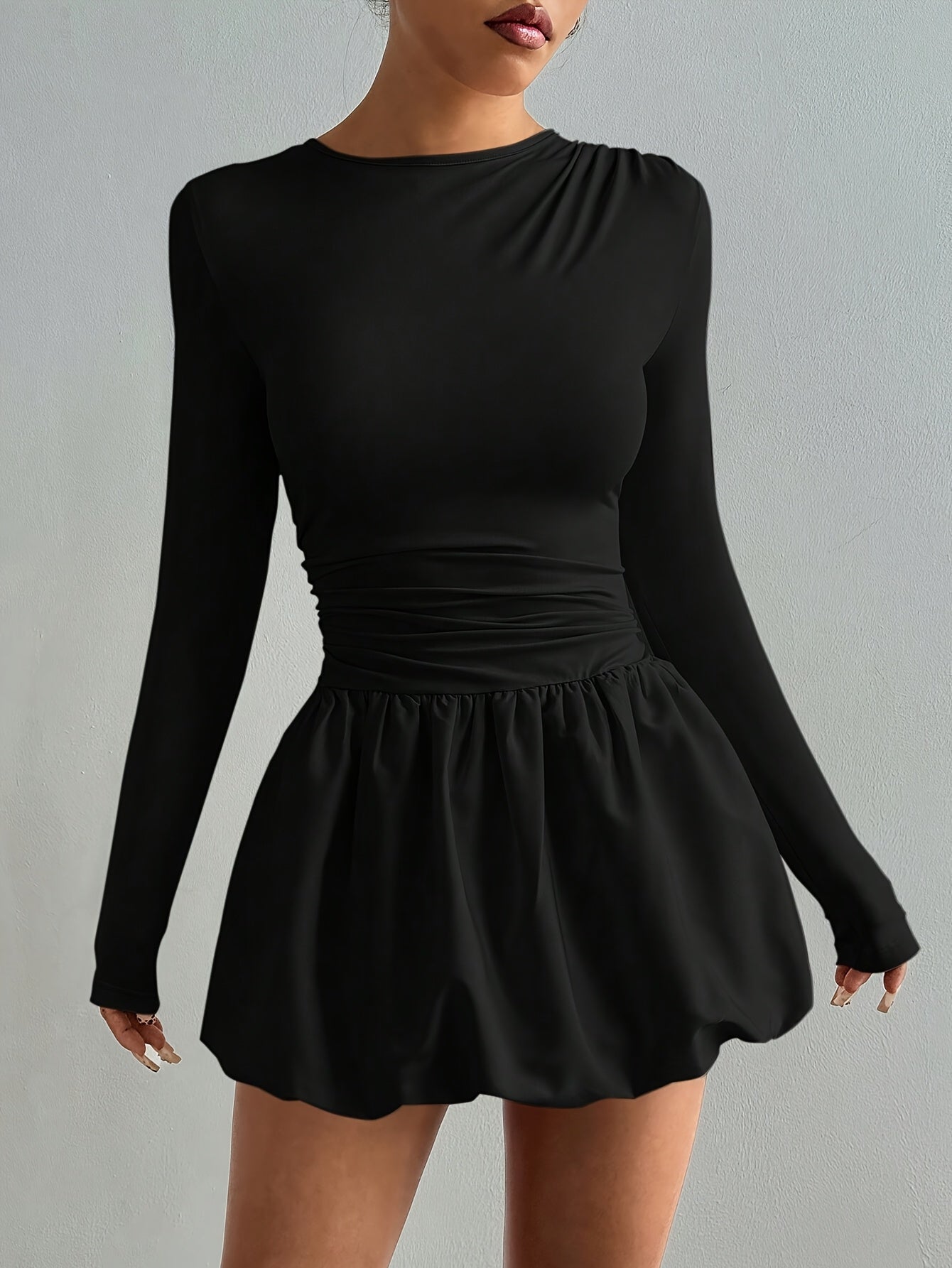 Women's Sexy Fit & Flare Pleated Mini Dress - Polyester Crew Neck Long Sleeve, Solid Color Black, Medium Stretch, Spring\u002FFall Casual to Dressy Outfits, Fit And Flare Dress