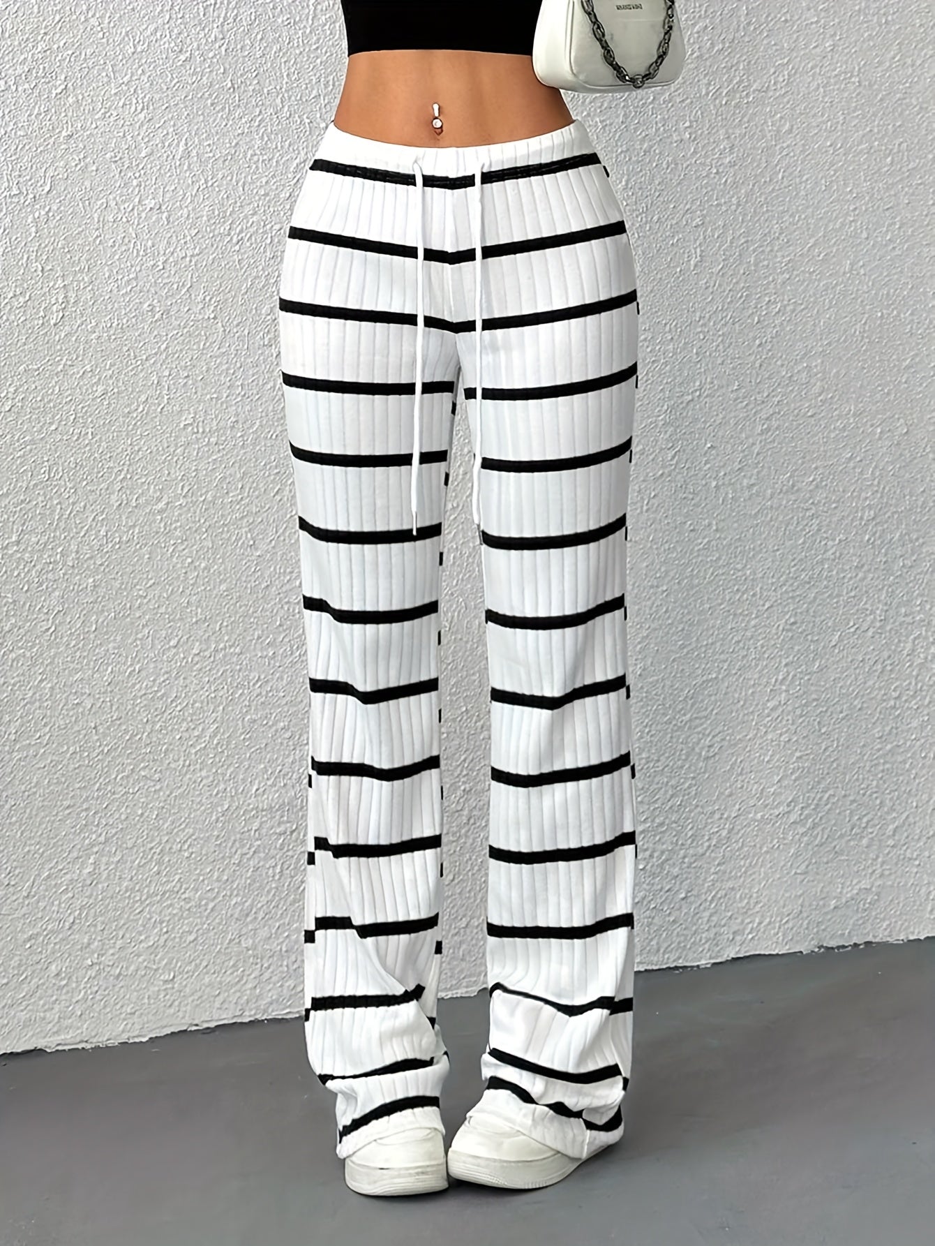Women's Elegant and Simple High-Waisted Black and White Striped Drawstring Straight-Leg Pants
