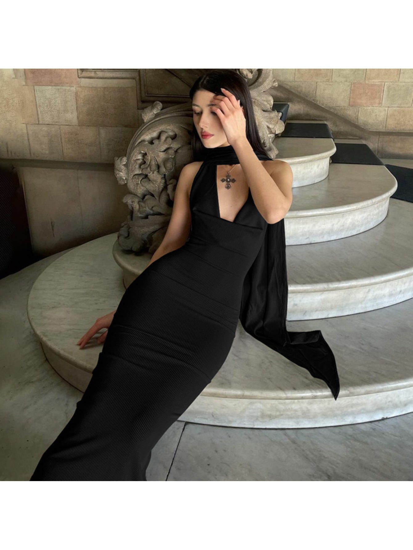 Women'S Sexy V-Neck Off-Shoulder Dress - Sleeveless Bodycon with Crossback Detail, High-Waisted A-Line Skirt, Black, Perfect for Summer, Casual to Formal Wear, High Waisted Skirt
