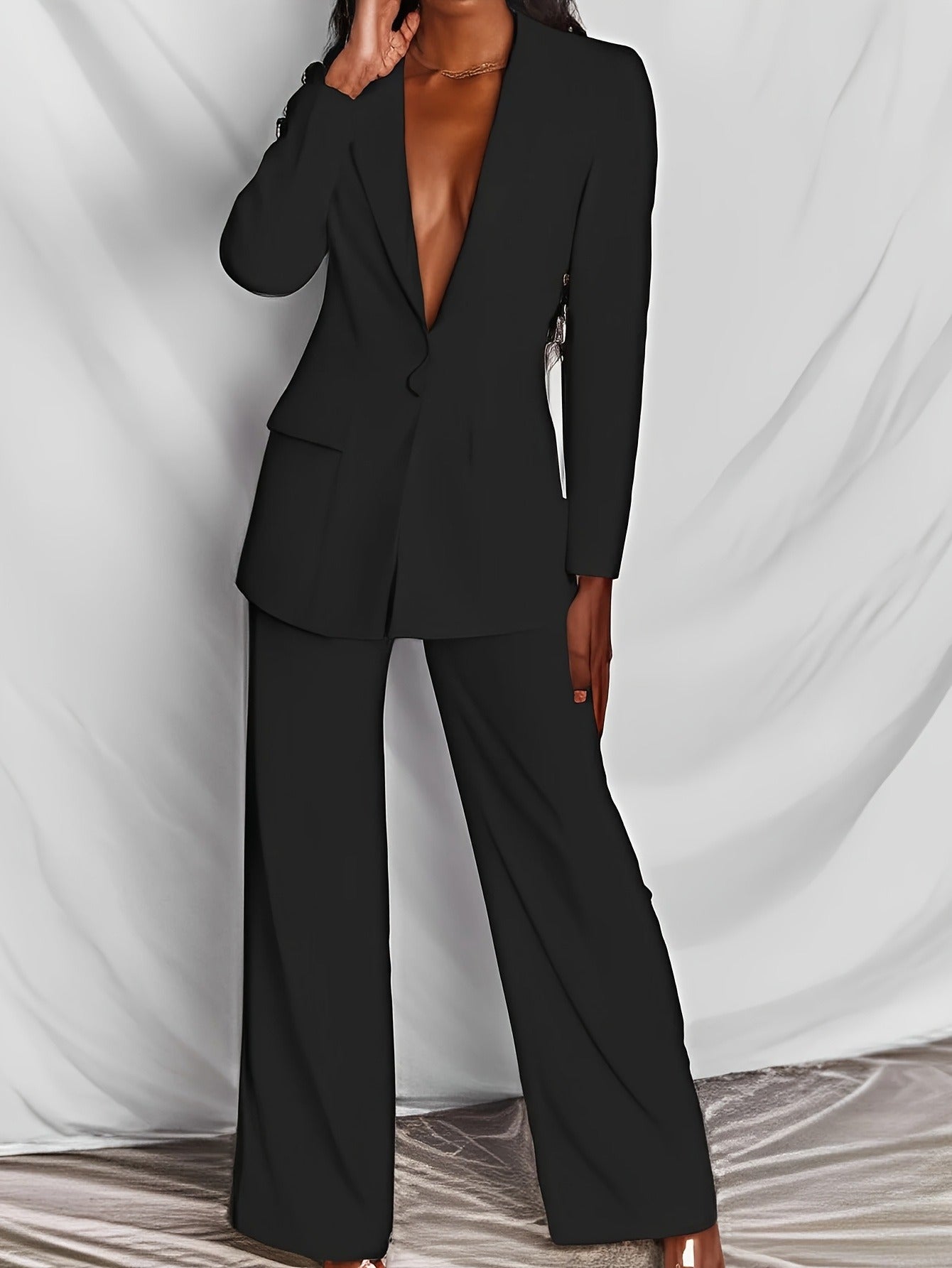 Plus Size, Plus Size - New Plus Size Women's Fashion Professional Suit, Casual Two-Piece Set, Solid Color, Non-Stretch Fabric, Casual Attire|Modern Casual Suit|Polyester Fabric