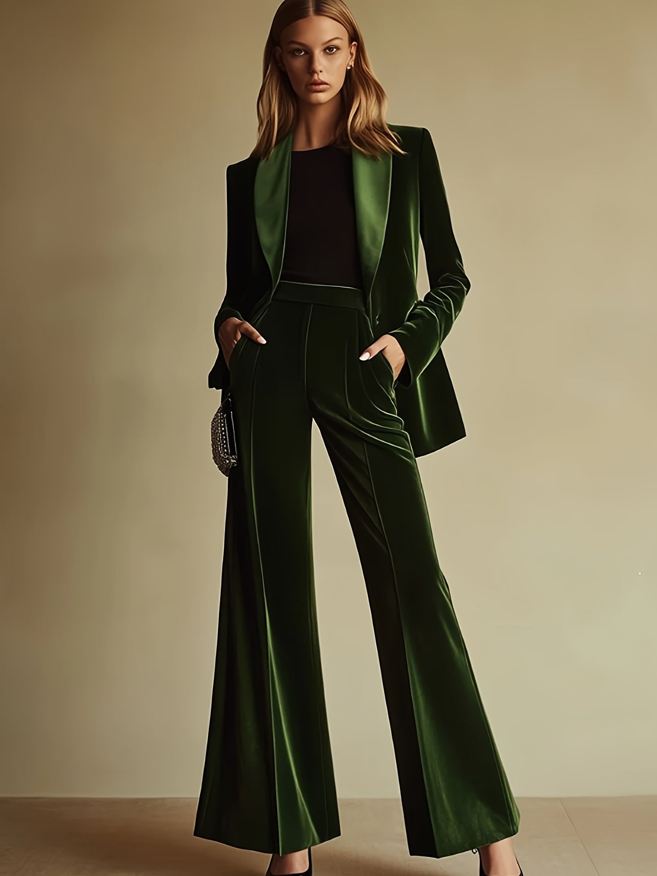 Vintage Velvet Suit Vintage Green Velvet Suit with Pockets | Elegant, Chic Urban Style, Loose Fit, Long Sleeve Shawl & Wide-Leg Pants, Perfect for Spring\u002FFall, Adult Women's Fashion, Stylish Accessories