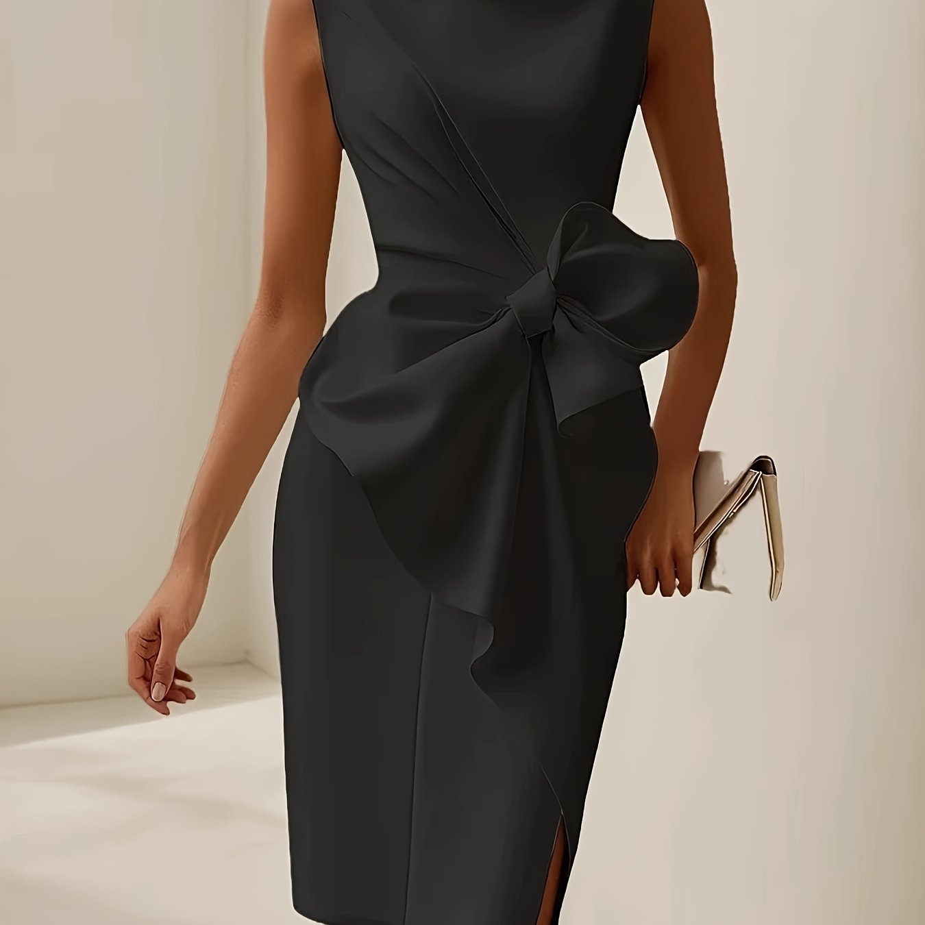 Elegant Bow Embellished Slim Fit Dress Skirt - Sleeveless Crew Neck, Solid Color, Mid-Length, Bodycon Style for Women, Perfect for Formal Events and Special Occasions, Special Occasion Dress | Sleeveless Elegance | Sophisticated Design, Cute Dresses