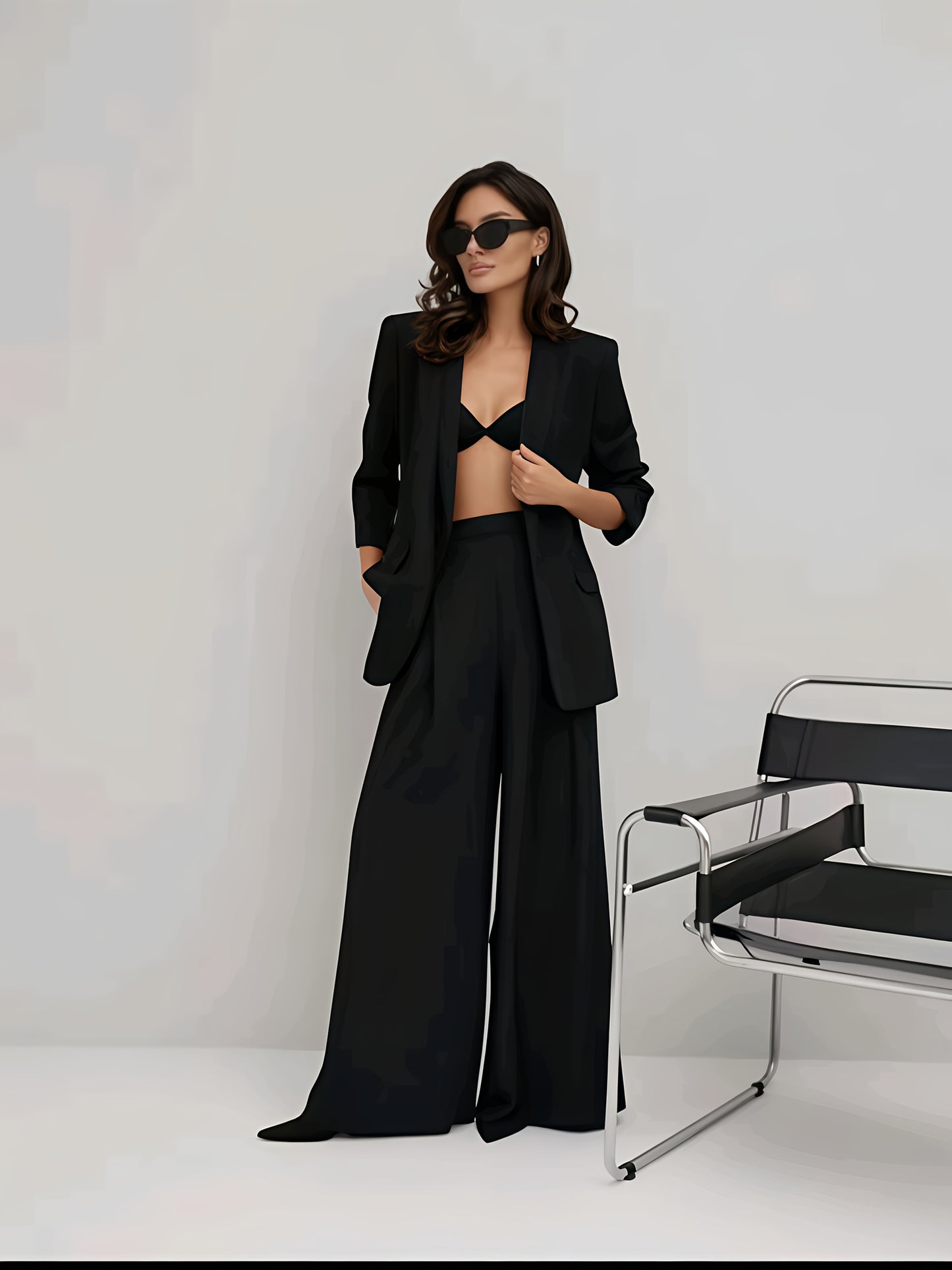 Elegant Light Luxury Suit Set with a Drapey Wide-Leg Pants and a Blazer Two-Piece Outfit