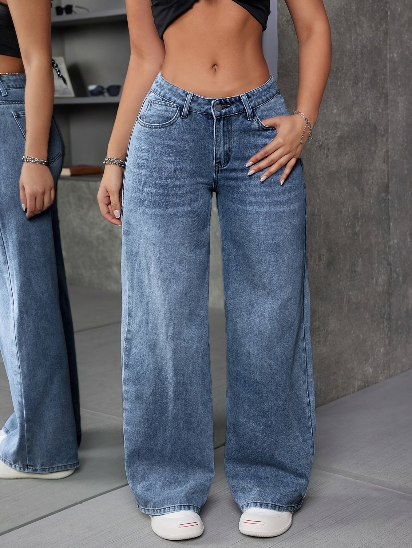 Women's High Waist Straight Leg Jeans - Retro Streetwear Style Dark Blue Denim Pants with Drop Waist & Wide Leg, Machine Washable Casual Daily Wear for Spring Summer Fall, Spring Summer Fashion | Durable Fabric Jeans