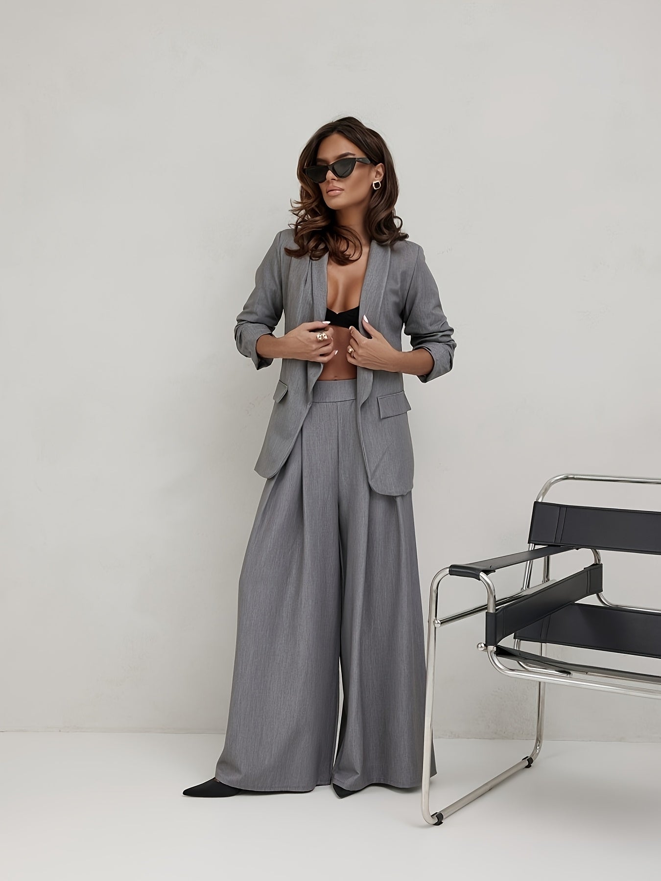 Elegant Light Luxury Suit Set with a Drapey Wide-Leg Pants and a Blazer Two-Piece Outfit