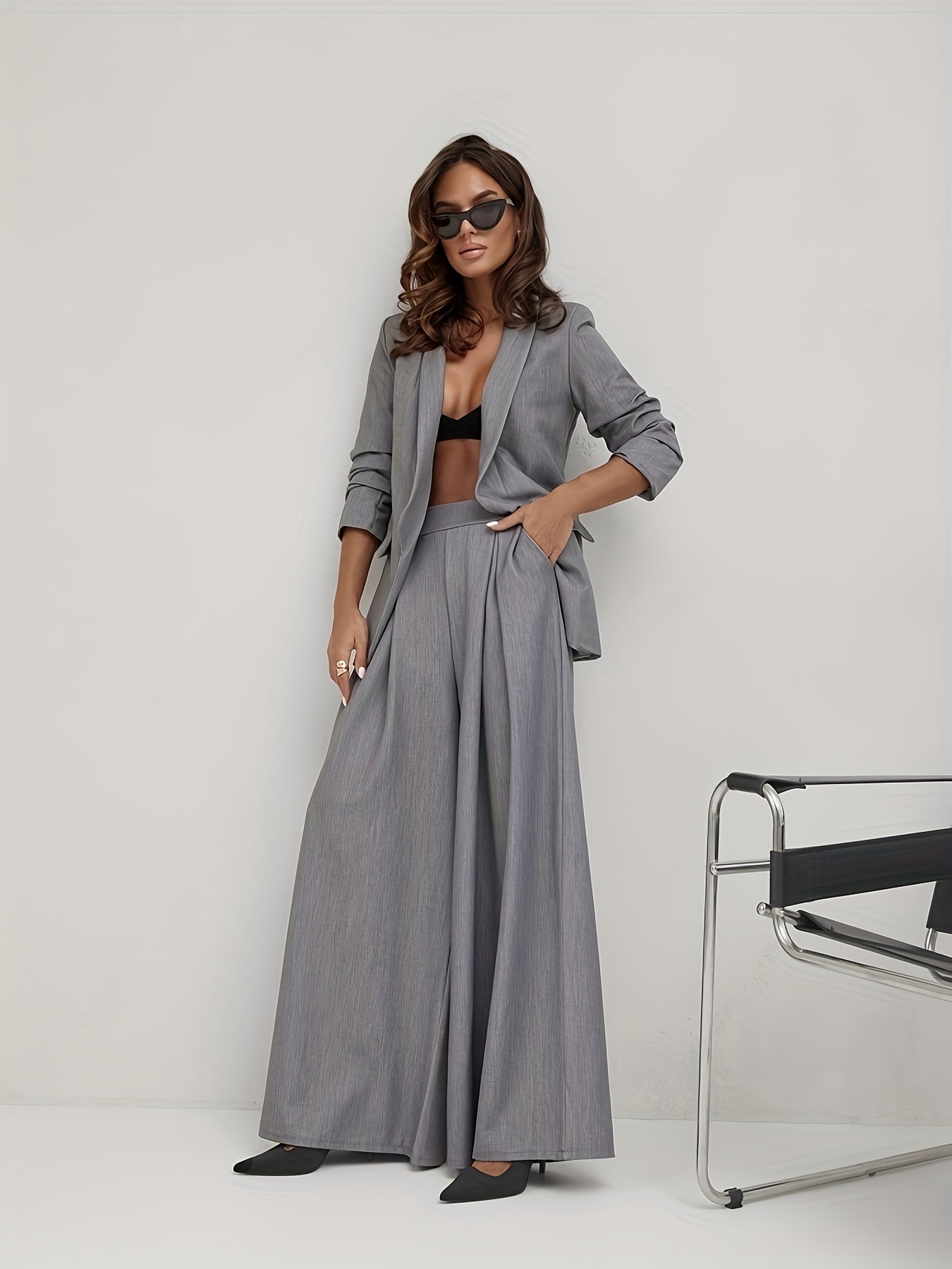 Elegant Light Luxury Suit Set with a Drapey Wide-Leg Pants and a Blazer Two-Piece Outfit