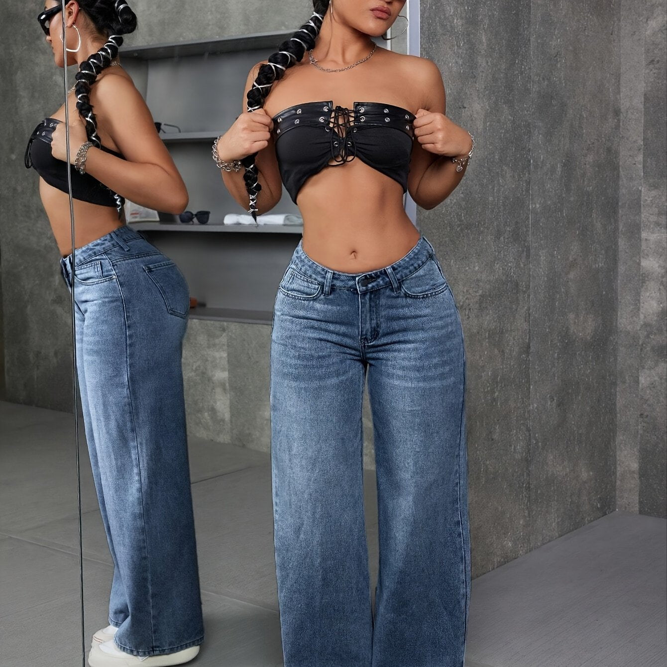 Women's High Waist Straight Leg Jeans - Retro Streetwear Style Dark Blue Denim Pants with Drop Waist & Wide Leg, Machine Washable Casual Daily Wear for Spring Summer Fall, Spring Summer Fashion | Durable Fabric Jeans