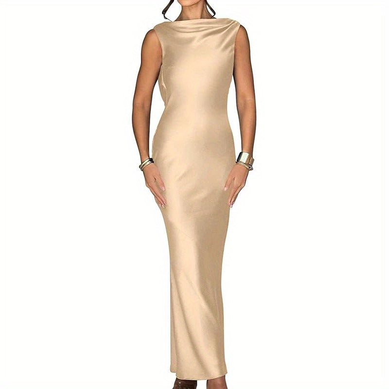 Memoriesea Women'S Satin Elegant Sleeveless High Neck Tie Cocktail Party Maxi Dress