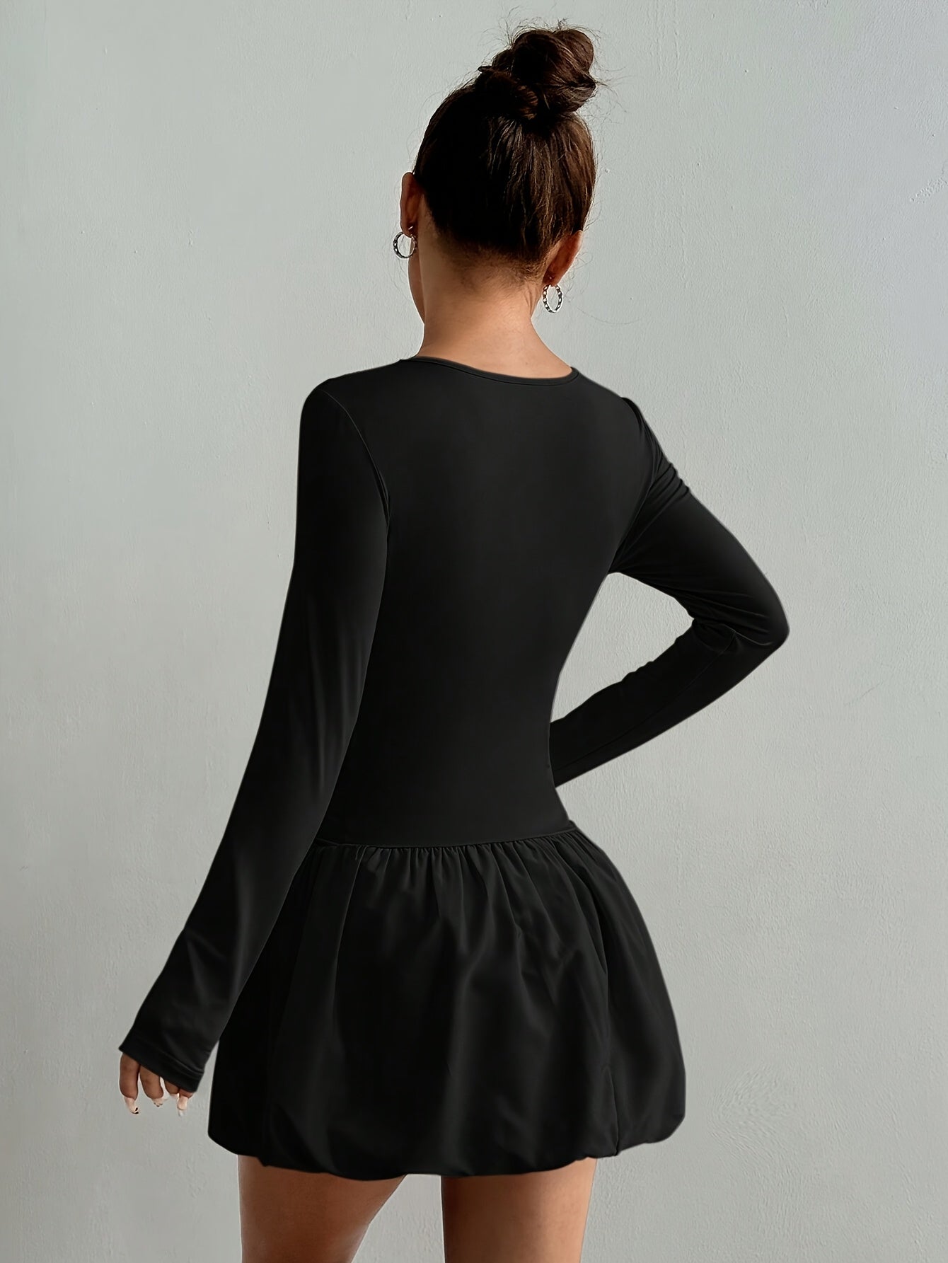 Women's Sexy Fit & Flare Pleated Mini Dress - Polyester Crew Neck Long Sleeve, Solid Color Black, Medium Stretch, Spring\u002FFall Casual to Dressy Outfits, Fit And Flare Dress