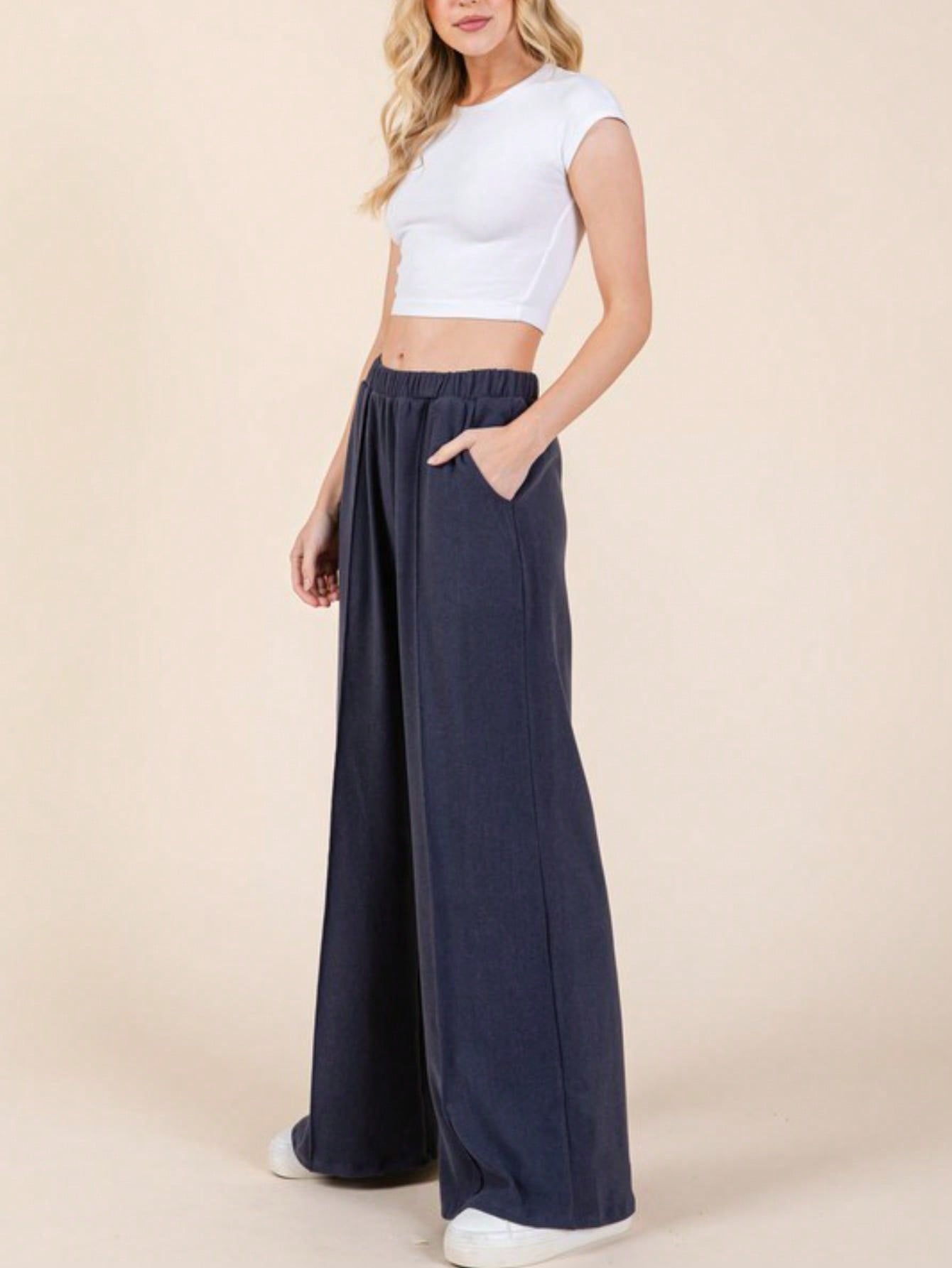 Women's Casual Wide-Leg Pants Essential Elastic Waist Lounge Pants With Pockets Navy Relaxed Fit Elastic Waistband Lightweight Perfect For All Seasons Everyday Wear