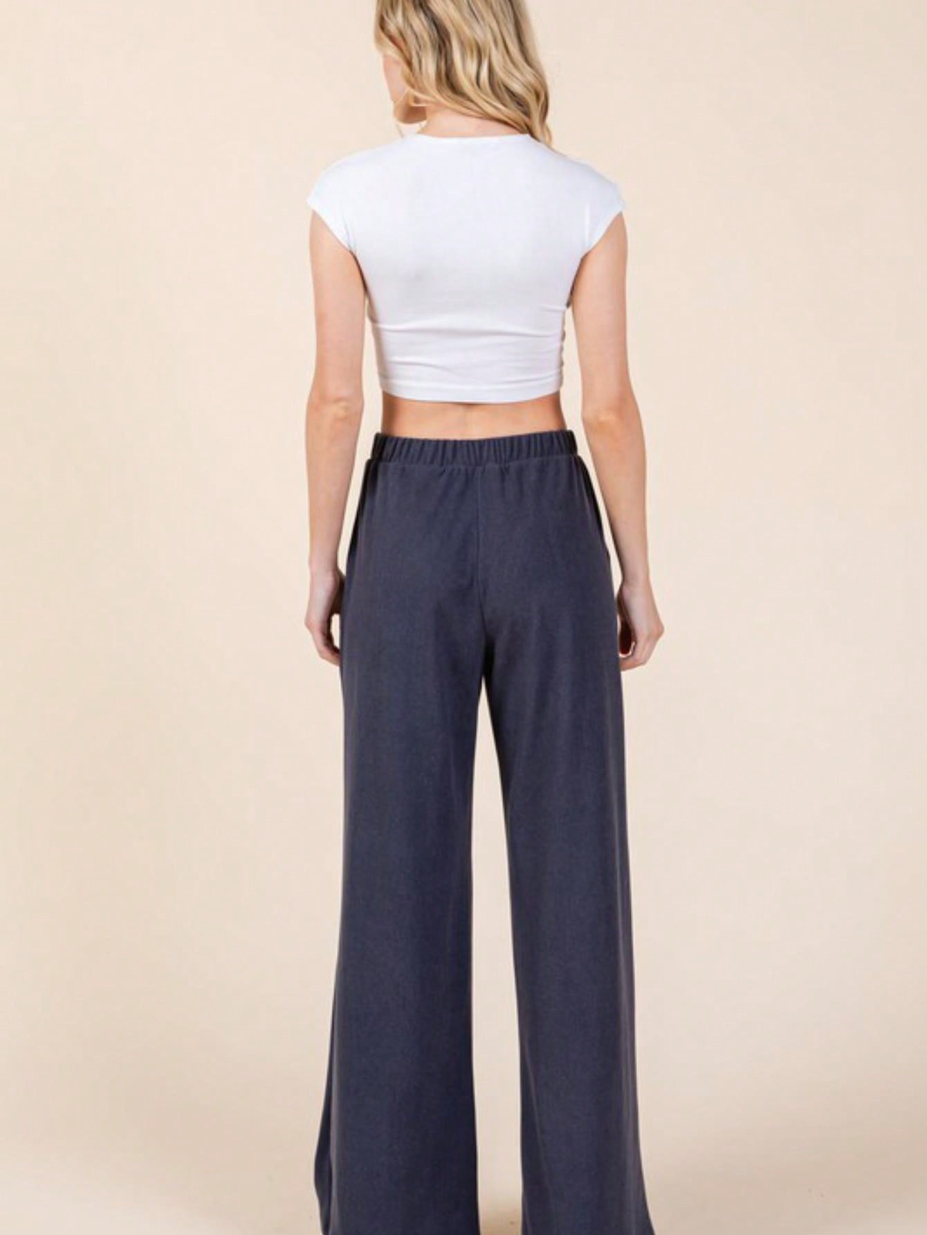 Women's Casual Wide-Leg Pants Essential Elastic Waist Lounge Pants With Pockets Navy Relaxed Fit Elastic Waistband Lightweight Perfect For All Seasons Everyday Wear