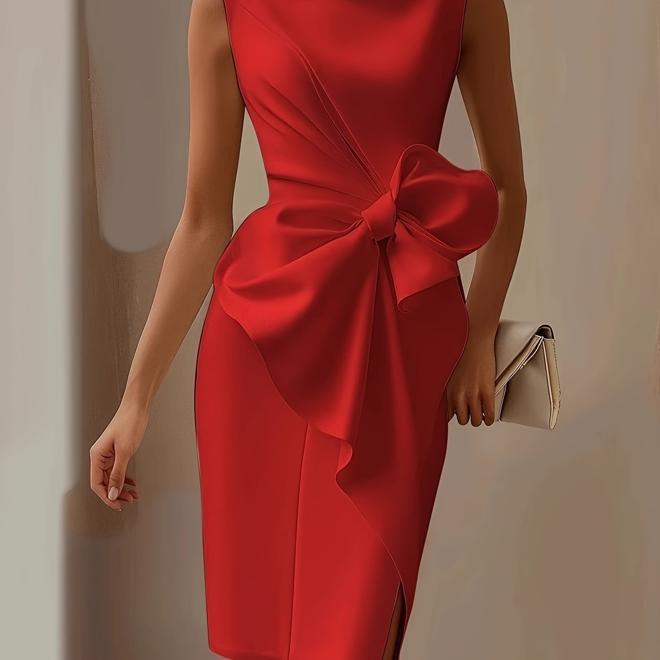 Elegant Bow Embellished Slim Fit Dress Skirt - Sleeveless Crew Neck, Solid Color, Mid-Length, Bodycon Style for Women, Perfect for Formal Events and Special Occasions, Special Occasion Dress | Sleeveless Elegance | Sophisticated Design, Cute Dresses