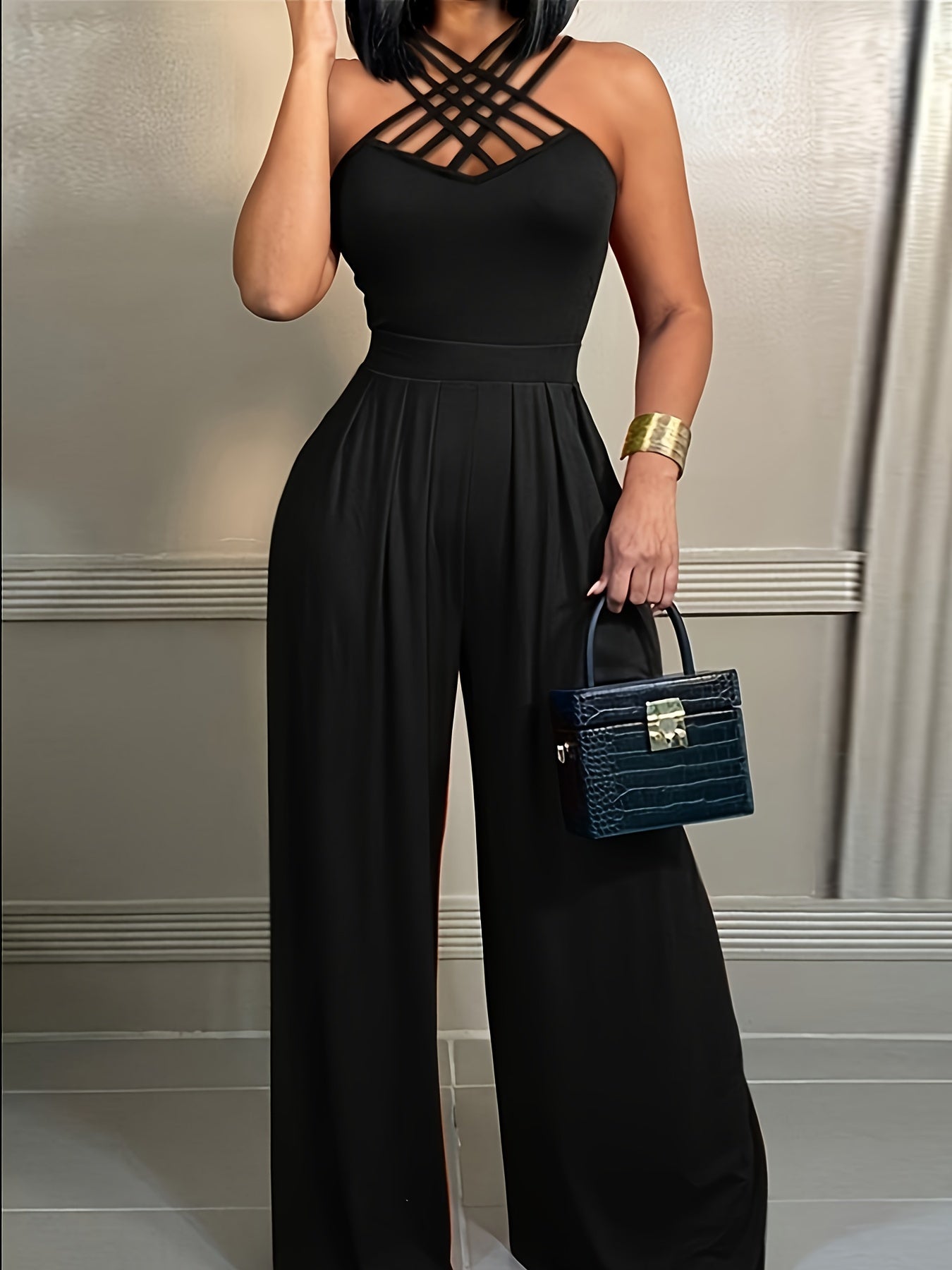 Women's Elegant Sleeveless Jumpsuit - Chic Party & Everyday Outfit, Machine Washable Formal\u002FCasual Pantsuit for Women - Sophisticated One-Piece Attire, Versatile Clothing, Sophisticated Tailoring
