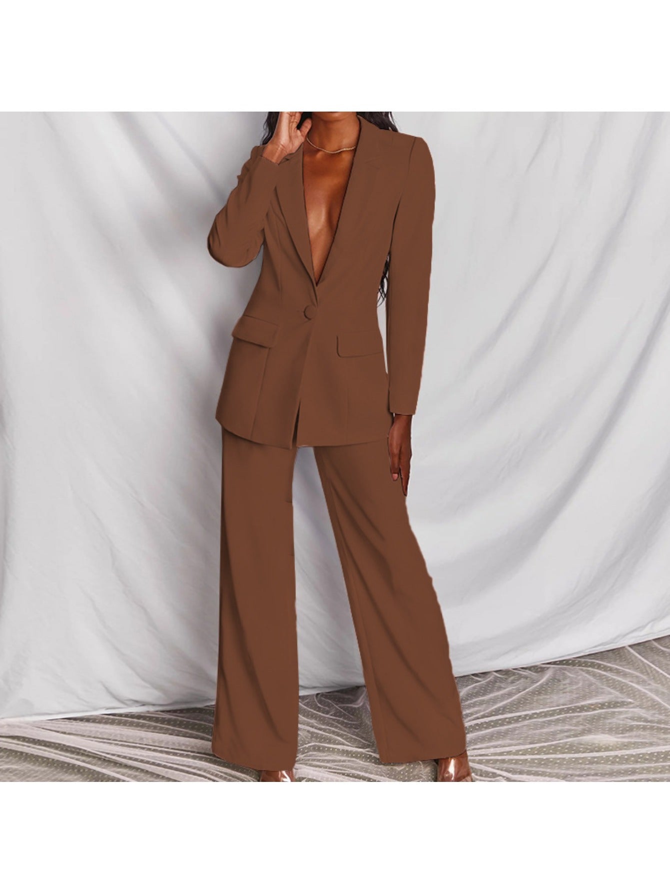 Plus Size, Plus Size - New Plus Size Women's Fashion Professional Suit, Casual Two-Piece Set, Solid Color, Non-Stretch Fabric, Casual Attire|Modern Casual Suit|Polyester Fabric