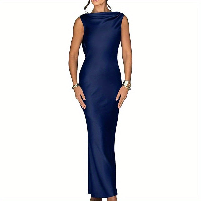 Memoriesea Women'S Satin Elegant Sleeveless High Neck Tie Cocktail Party Maxi Dress