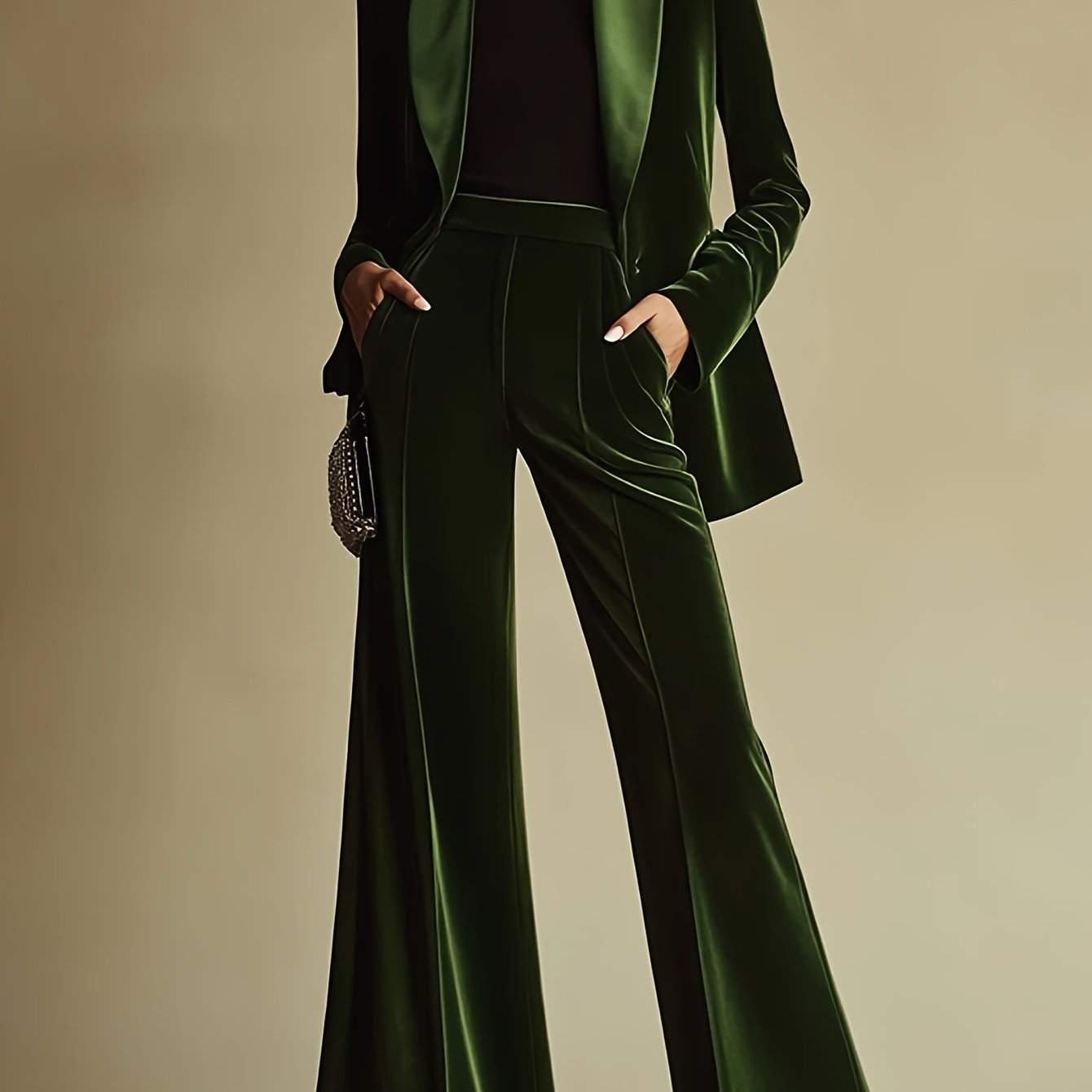 Vintage Velvet Suit Vintage Green Velvet Suit with Pockets | Elegant, Chic Urban Style, Loose Fit, Long Sleeve Shawl & Wide-Leg Pants, Perfect for Spring\u002FFall, Adult Women's Fashion, Stylish Accessories