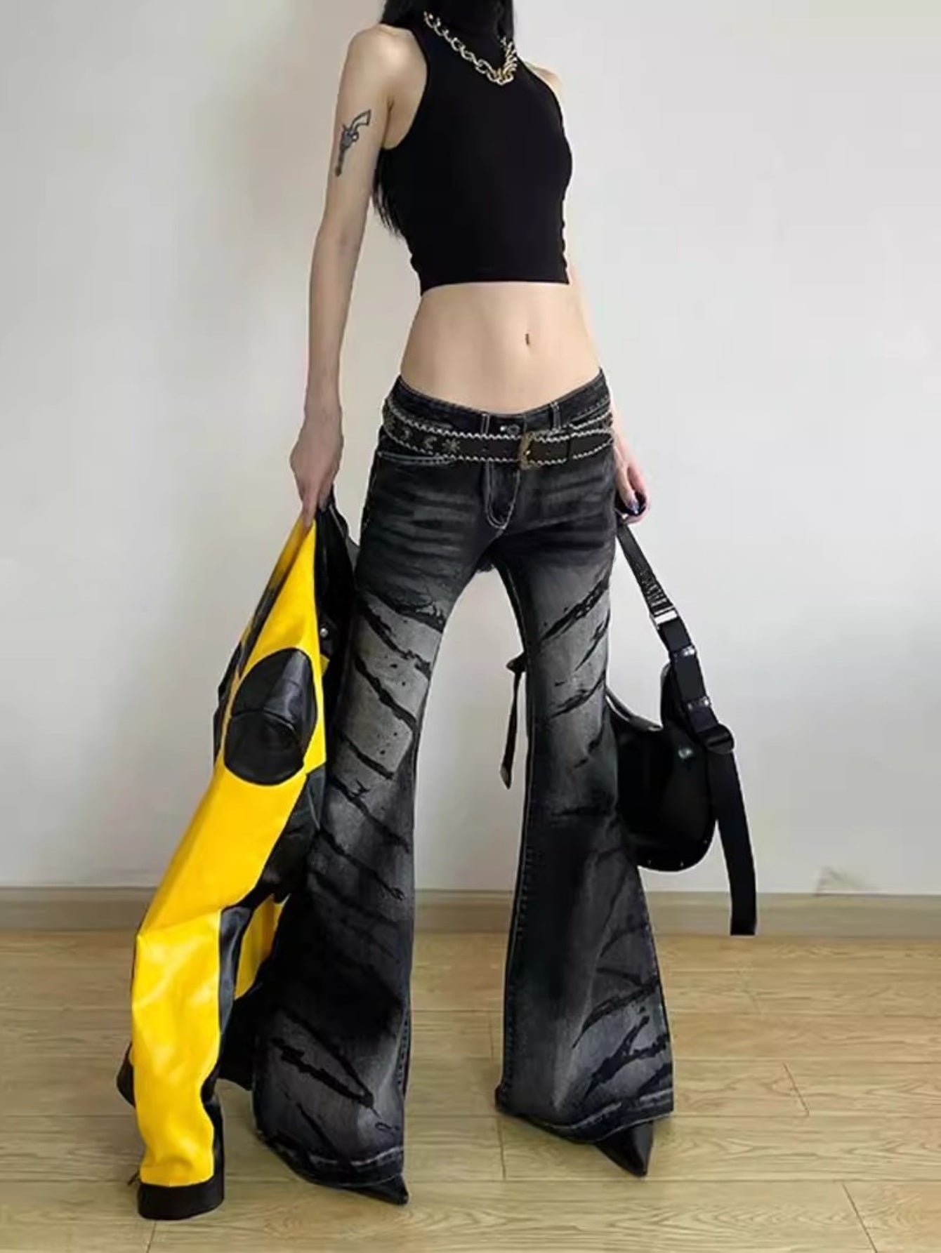 Women'S Retro Washed High-Waisted Flared Jeans - Y2K Kawaii Low-Rise Pants with Lace-Up Detail, Stretchy & Comfortable for Casual Outings, Spring\u002FFall Fashion, High Waisted Jeans, Fall Fashion, Durable Fabric