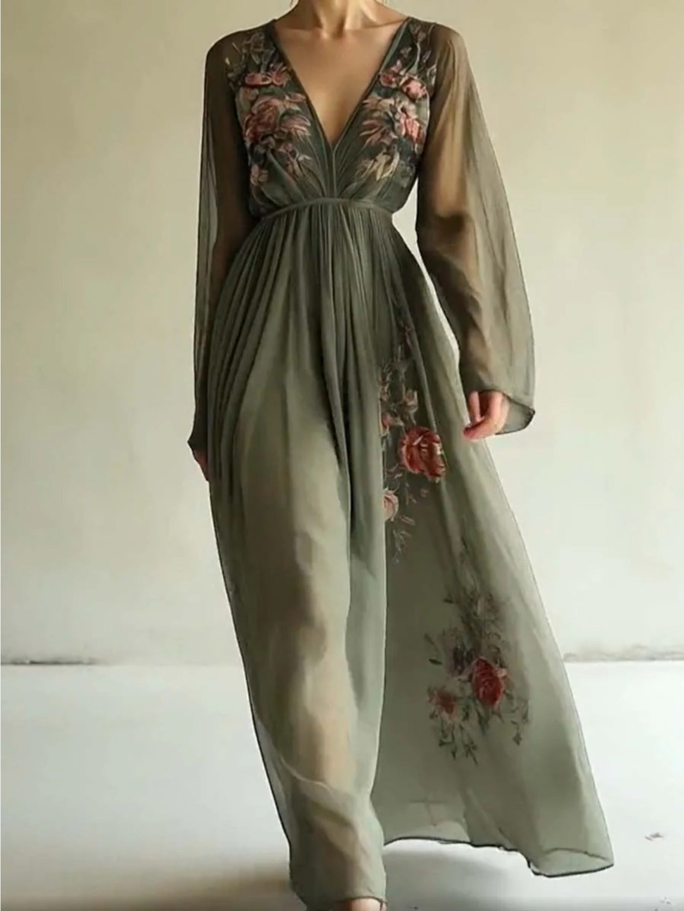 2025 European Women's Fashion Clothing - Digital Positioning Print - Long-sleeved Long-style V-neck Dress - Long Skirt