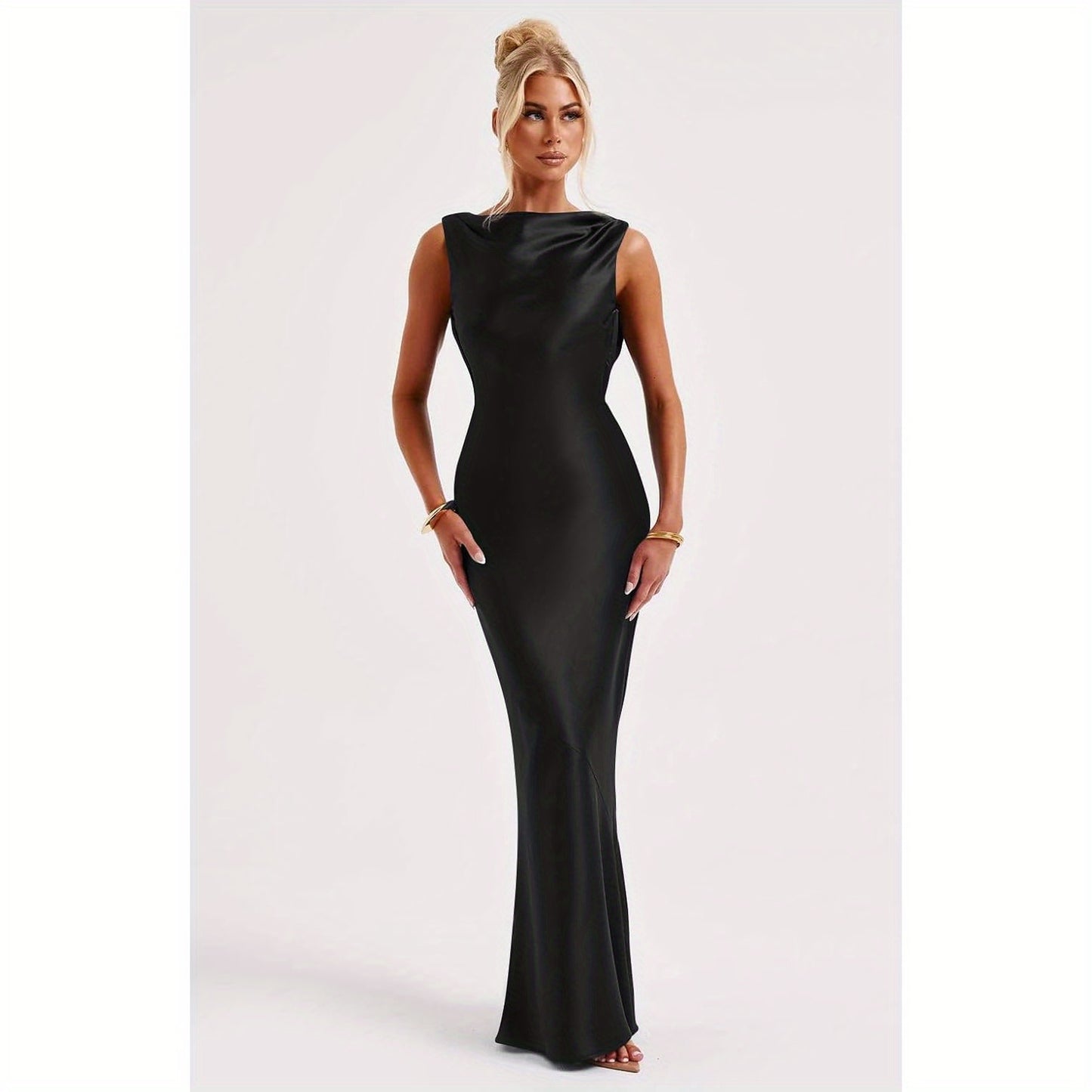 Memoriesea Women'S Satin Elegant Sleeveless High Neck Tie Cocktail Party Maxi Dress
