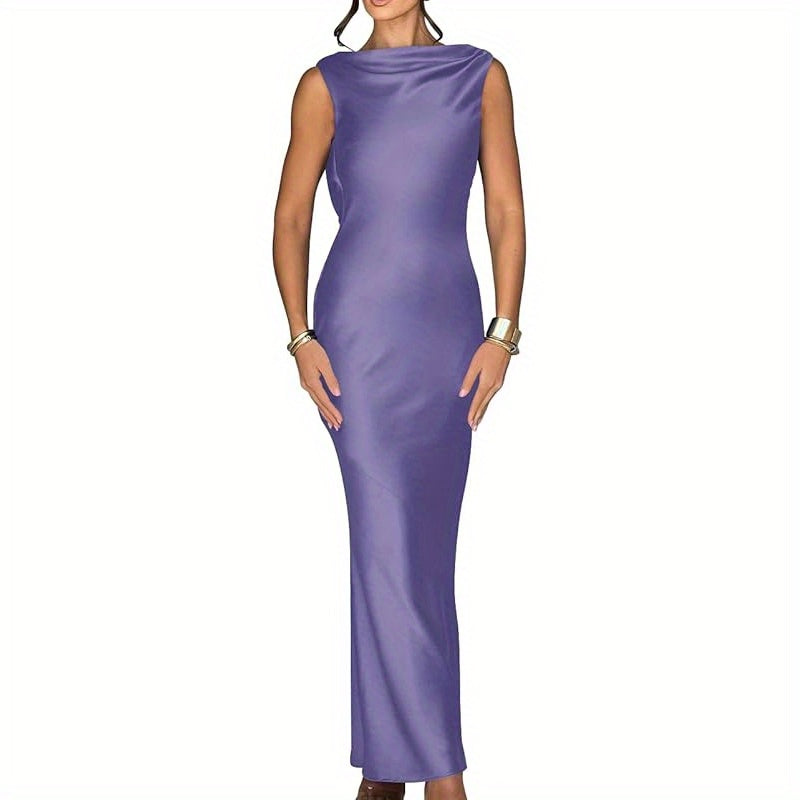 Memoriesea Women'S Satin Elegant Sleeveless High Neck Tie Cocktail Party Maxi Dress