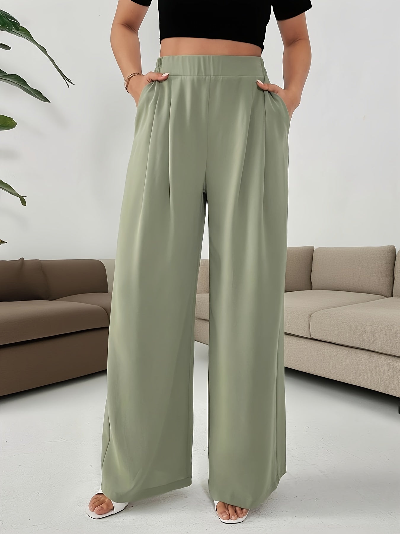 Women's Black & White Striped Elastic Waist Wide Leg Commuter Pants - Mid-Stretch Casual Trousers with Double Pockets, Regular Fit All-Season Comfort, Casual Attire, Medium Stretch Fabric
