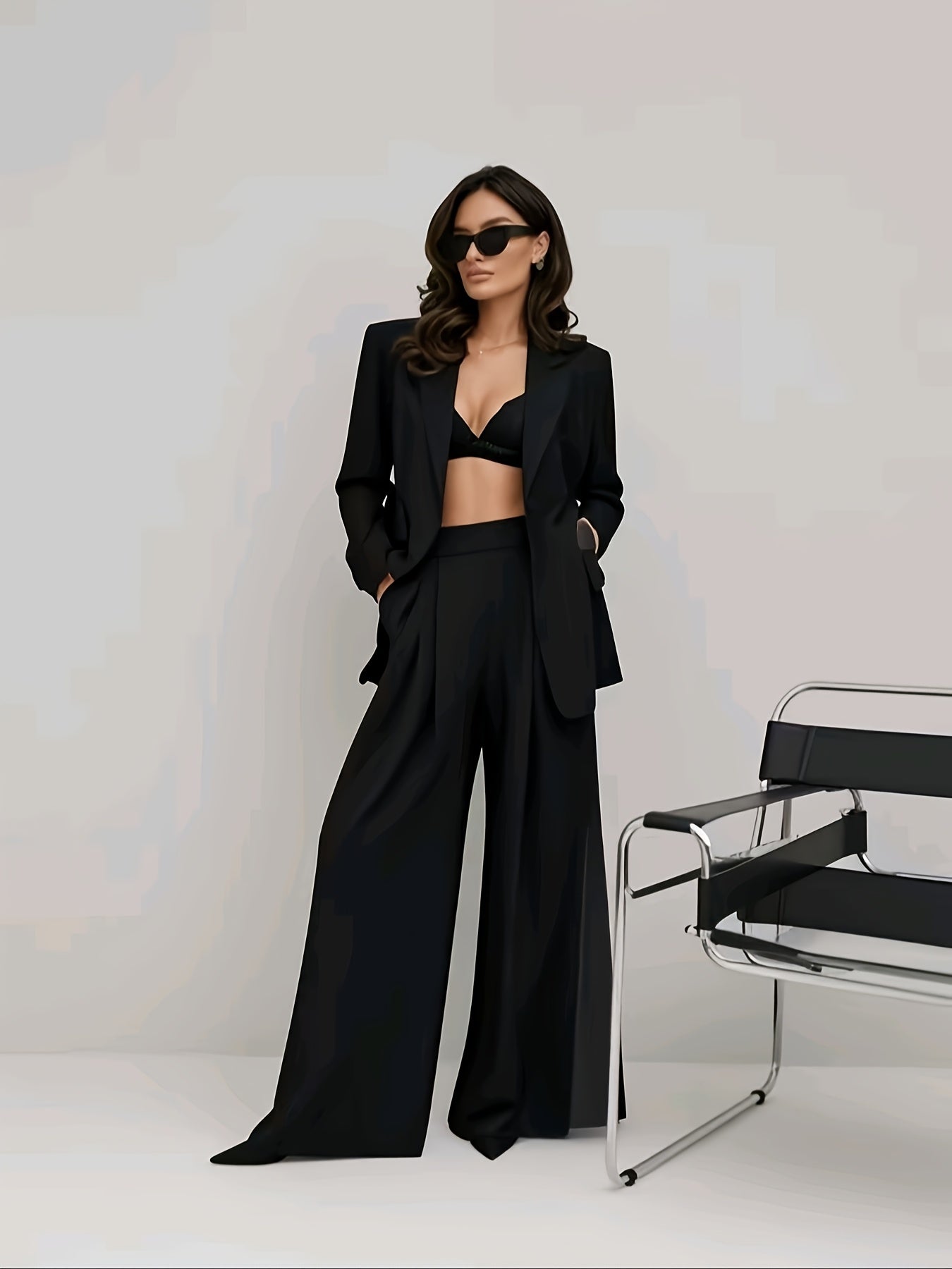 Elegant Light Luxury Suit Set with a Drapey Wide-Leg Pants and a Blazer Two-Piece Outfit