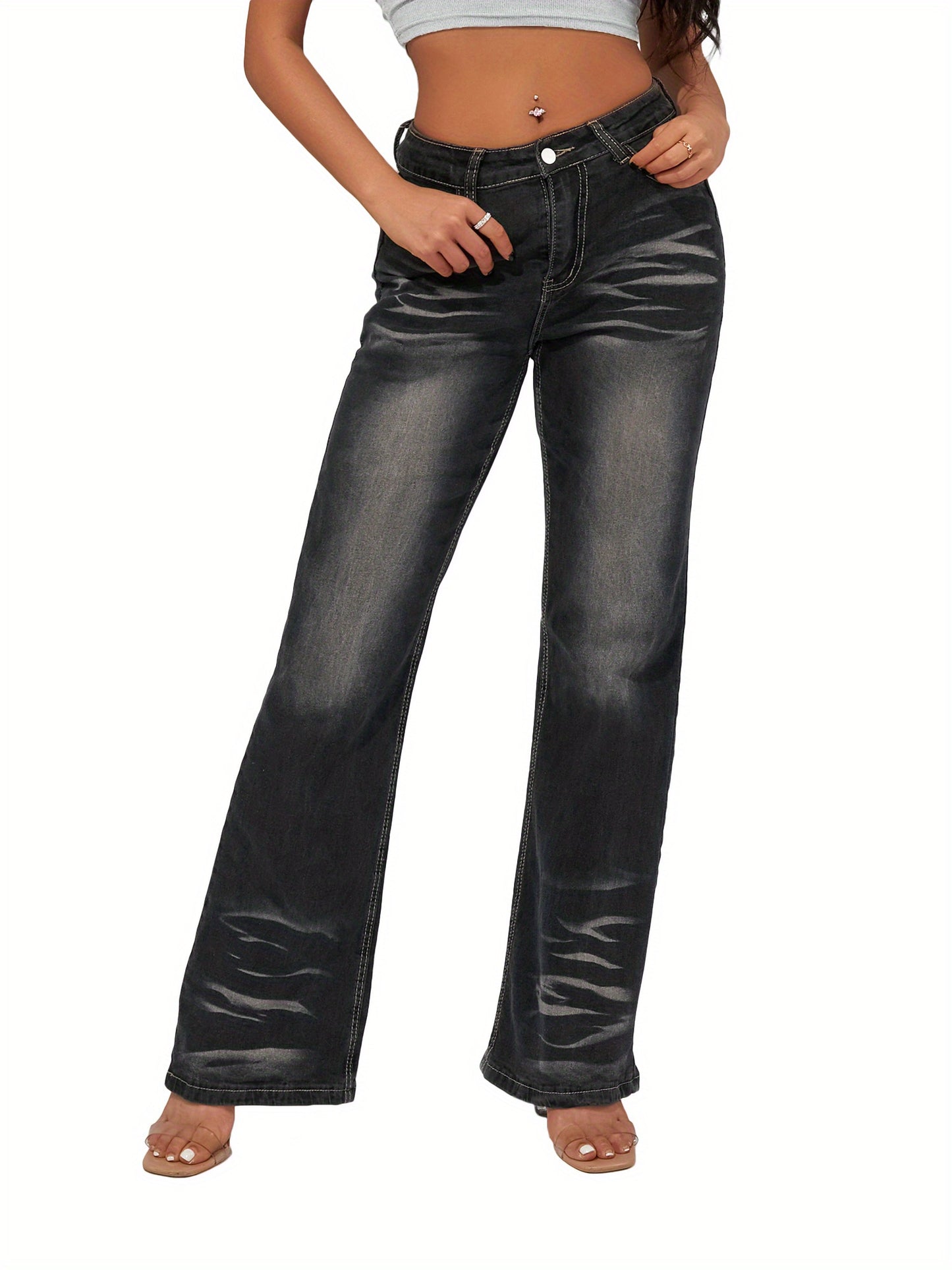 Women'S Polyester Flare Leg Faux Denim - Casual Street Style, Medium Stretch, Solid Color, Washed Detail, Wide-Leg Trousers for Spring\u002FFall