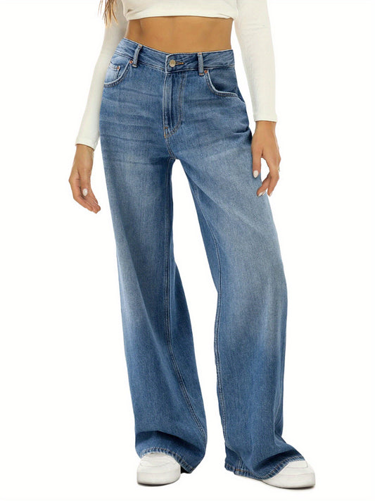 1pc Women'S High Waist Cotton Faux Denim Faux Denim - Casual Solid Color Straight Leg Pants with Button Detail, Side Pockets, All-Season Woven Loose Fit for Adults