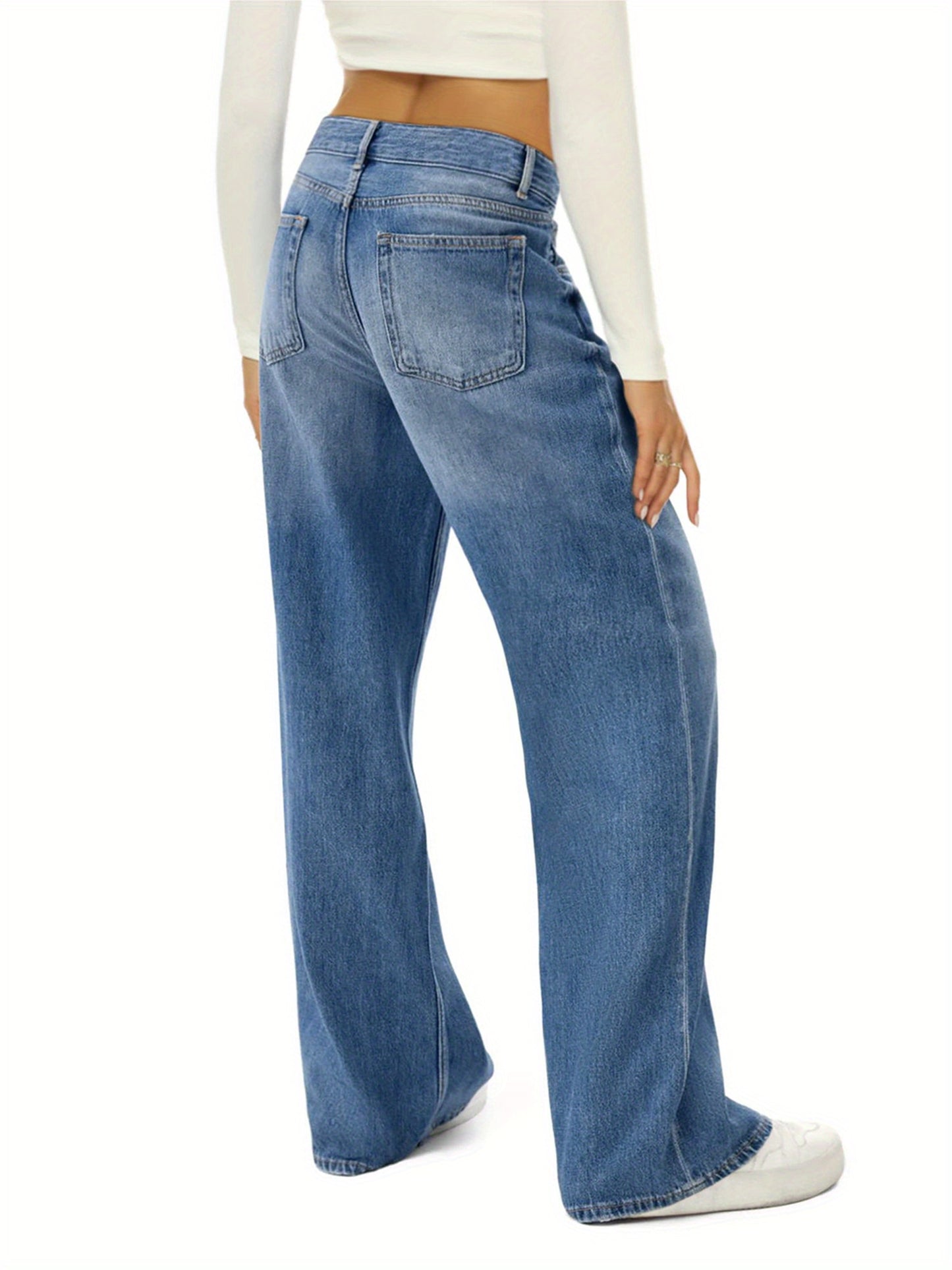 1pc Women'S High Waist Cotton Faux Denim Faux Denim - Casual Solid Color Straight Leg Pants with Button Detail, Side Pockets, All-Season Woven Loose Fit for Adults