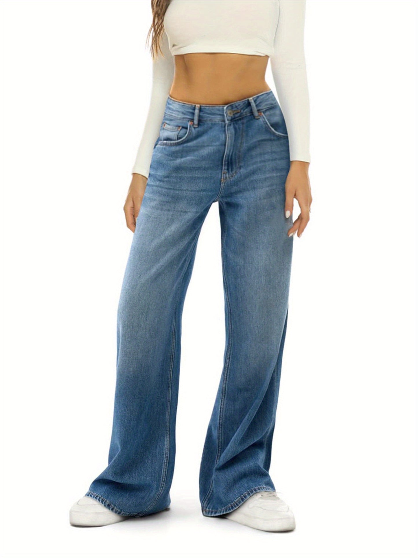 1pc Women'S High Waist Cotton Faux Denim Faux Denim - Casual Solid Color Straight Leg Pants with Button Detail, Side Pockets, All-Season Woven Loose Fit for Adults