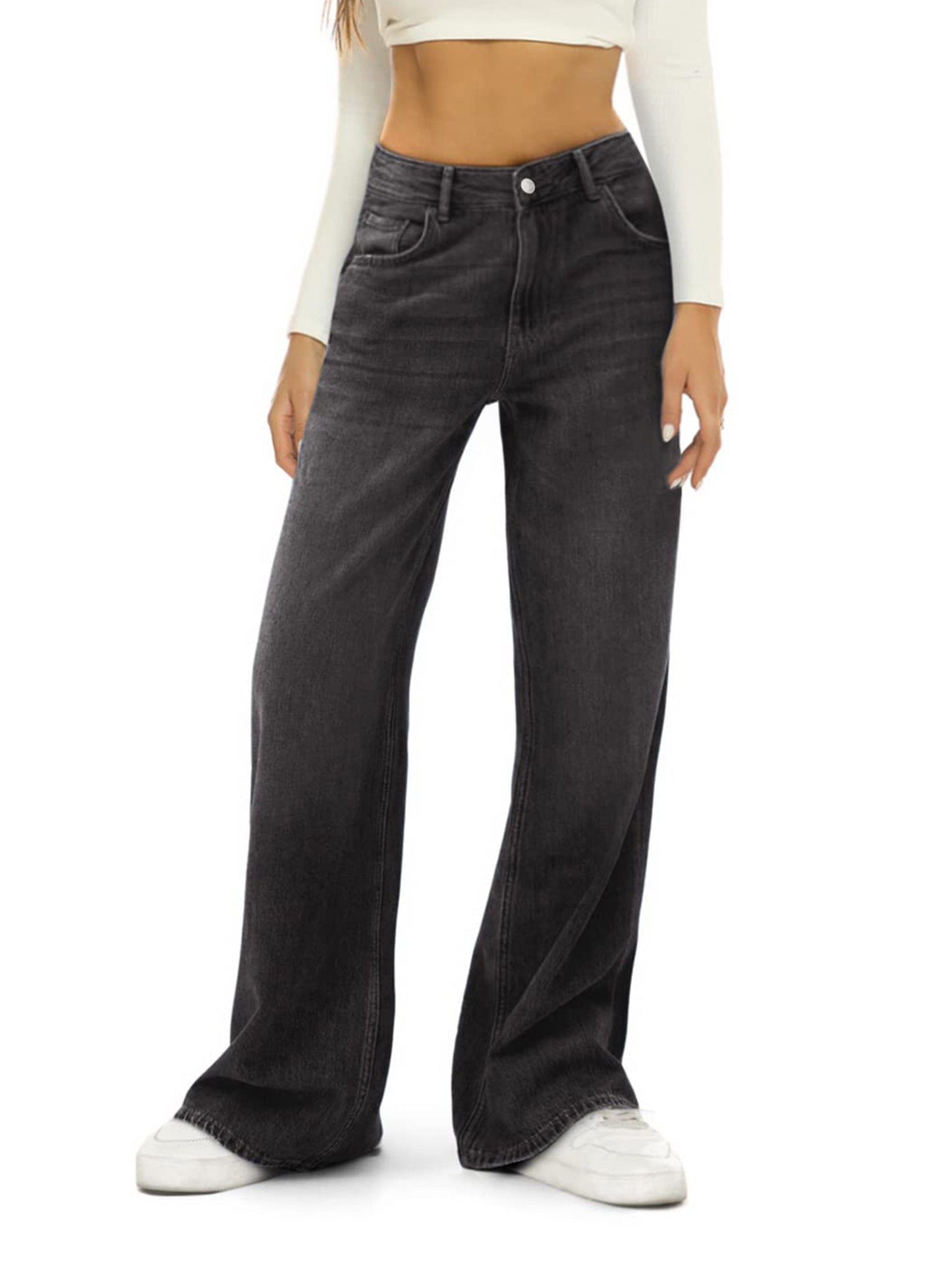 1pc Women'S High Waist Cotton Faux Denim Faux Denim - Casual Solid Color Straight Leg Pants with Button Detail, Side Pockets, All-Season Woven Loose Fit for Adults