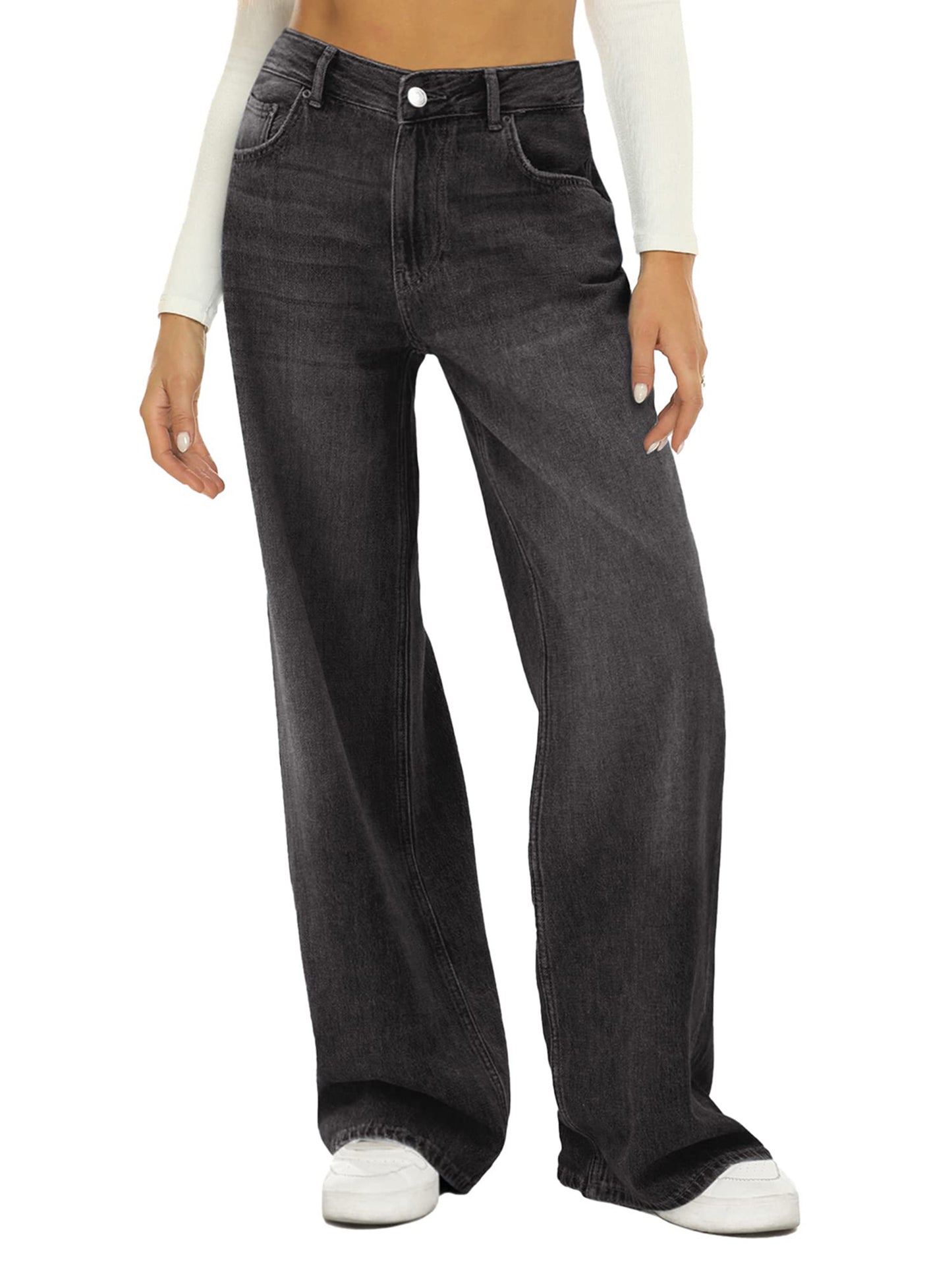 1pc Women'S High Waist Cotton Faux Denim Faux Denim - Casual Solid Color Straight Leg Pants with Button Detail, Side Pockets, All-Season Woven Loose Fit for Adults
