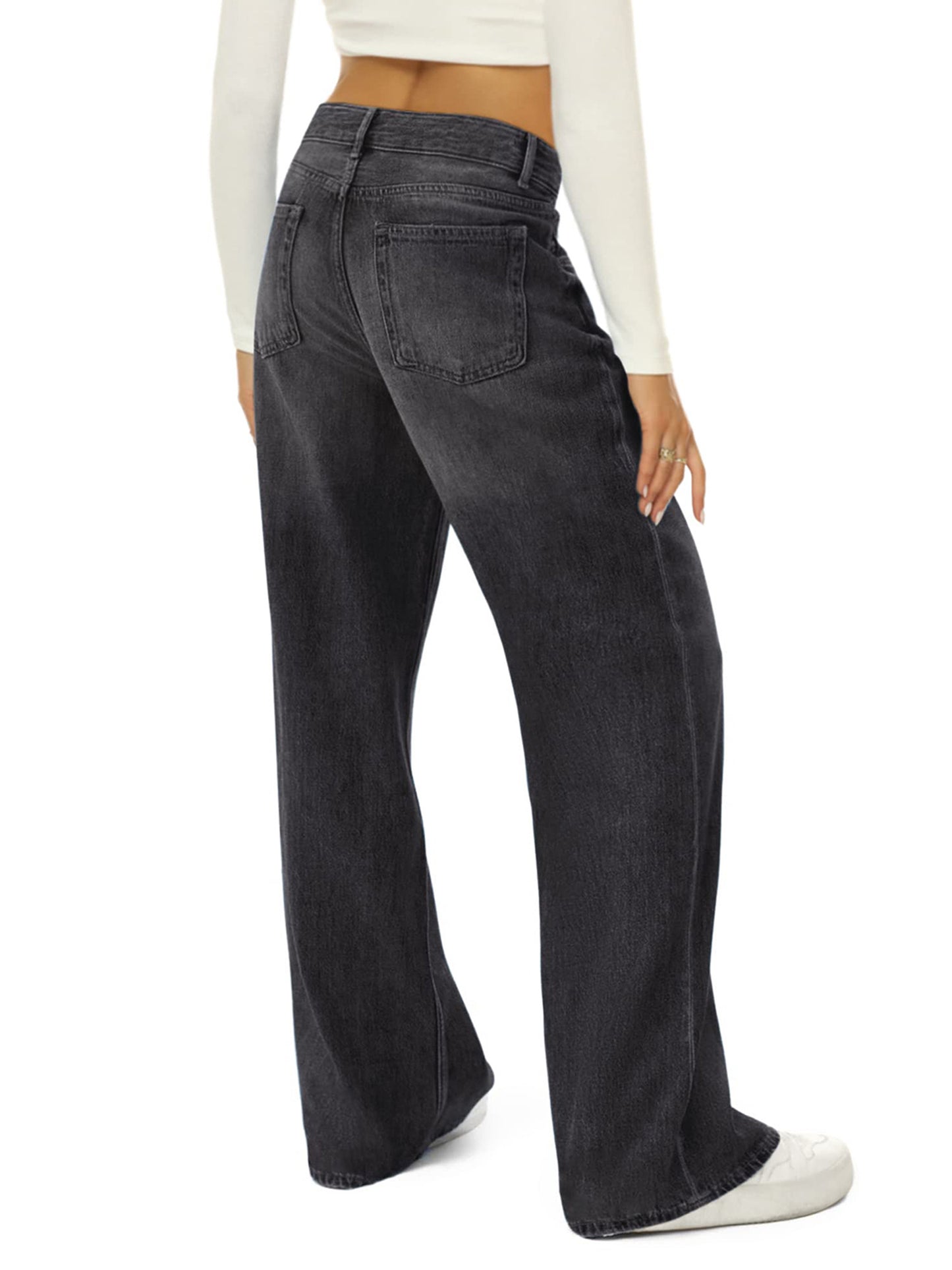 1pc Women'S High Waist Cotton Faux Denim Faux Denim - Casual Solid Color Straight Leg Pants with Button Detail, Side Pockets, All-Season Woven Loose Fit for Adults