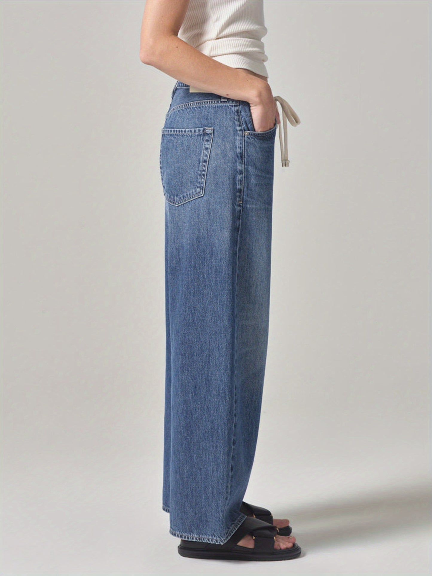 Women's Casual Wide-Leg Denim Jeans with Drawstring Waist and Pockets - Solid Color, Cotton Blend, Machine Washable
