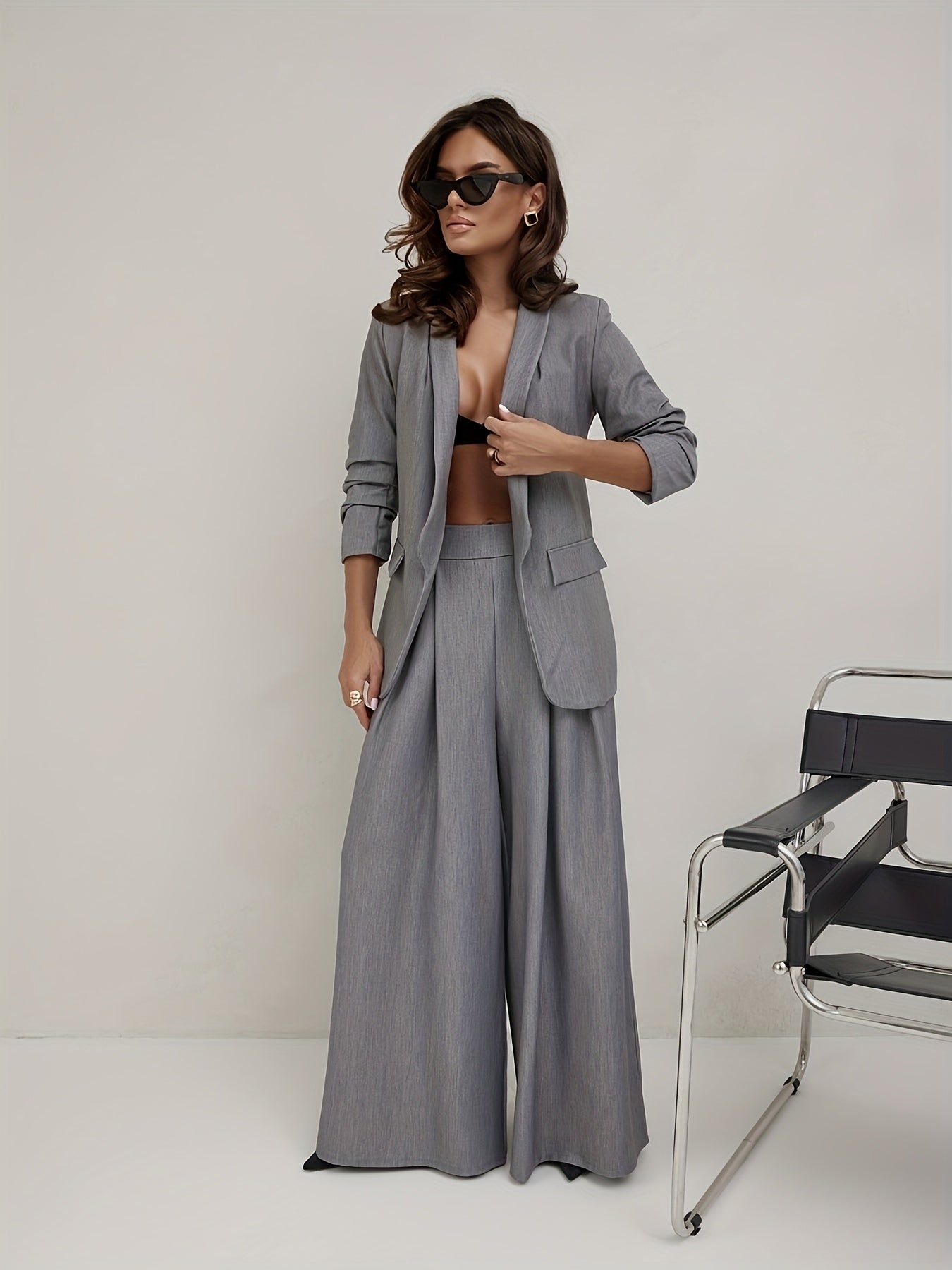Elegant Light Luxury Suit Set with a Drapey Wide-Leg Pants and a Blazer Two-Piece Outfit