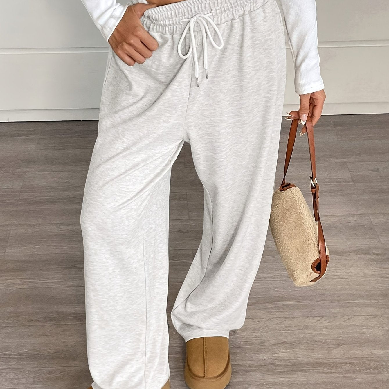 Comfortable Wide-Leg Joggers Comfortable Women's Casual Wide-Leg Joggers | Gray Drawstring Waist, Loose Fit, All-Season Comfort Pants | Medium Elasticity