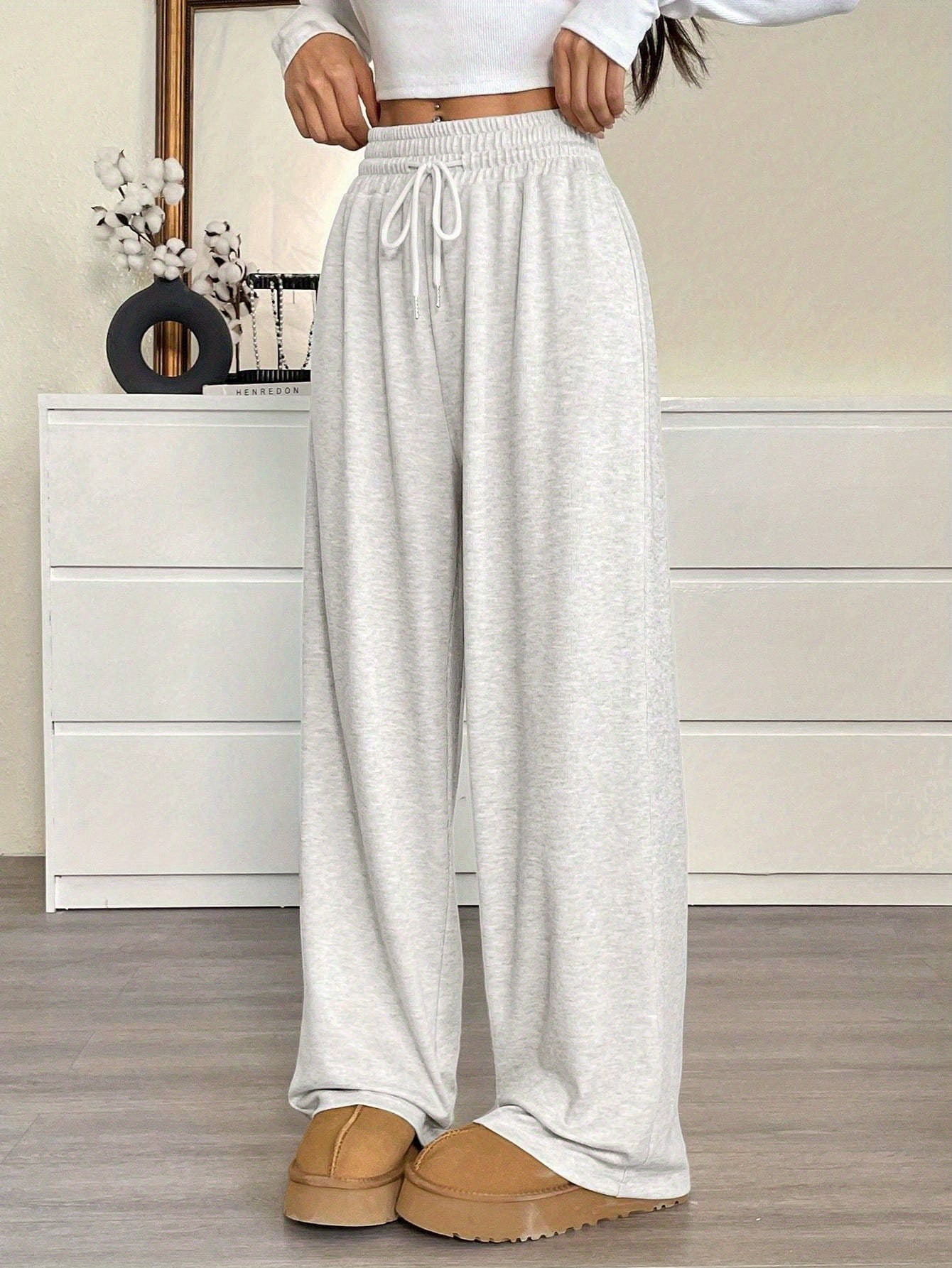 Comfortable Wide-Leg Joggers Comfortable Women's Casual Wide-Leg Joggers | Gray Drawstring Waist, Loose Fit, All-Season Comfort Pants | Medium Elasticity