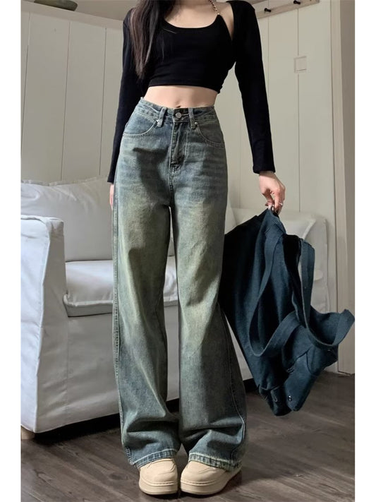 Vintage Distressed High-Waisted Wide-Leg Jeans for Women - 2025 Spring Summer Trendsetter Pants, Loose Drapey Floor-Length Straight Leg with Belt Loops & Button Detail, Machine Washable Casual Outfits for Mother's Day & Thanksgiving