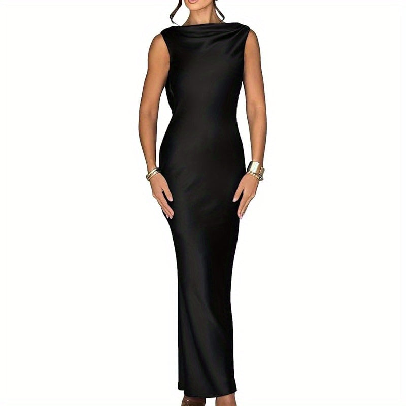 Memoriesea Women'S Satin Elegant Sleeveless High Neck Tie Cocktail Party Maxi Dress