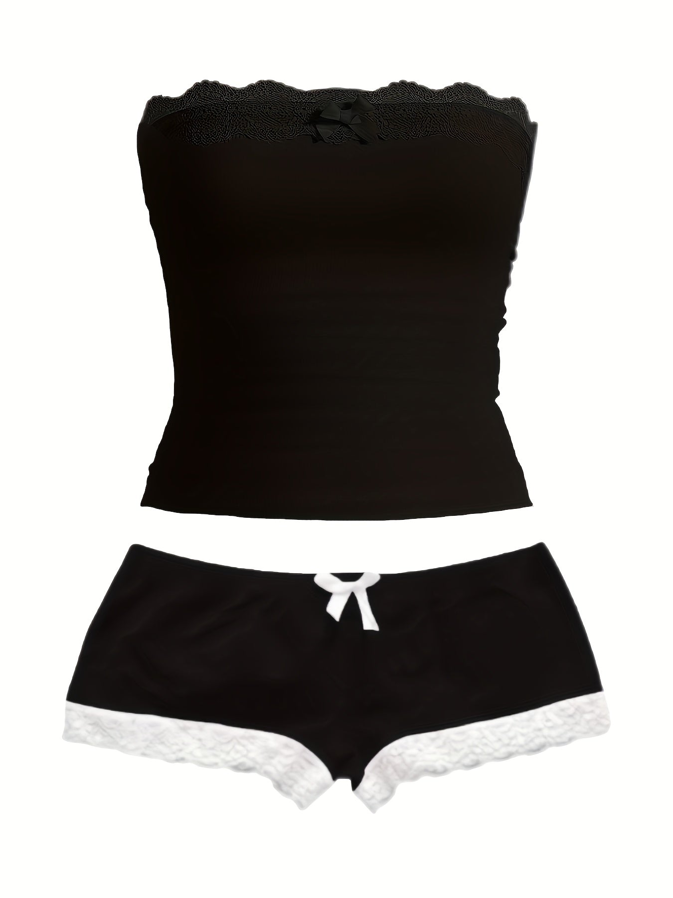 2pcs Fashion Set 2pcs Women's Off-Shoulder Contrast Lace Top and Casual Shorts Set
