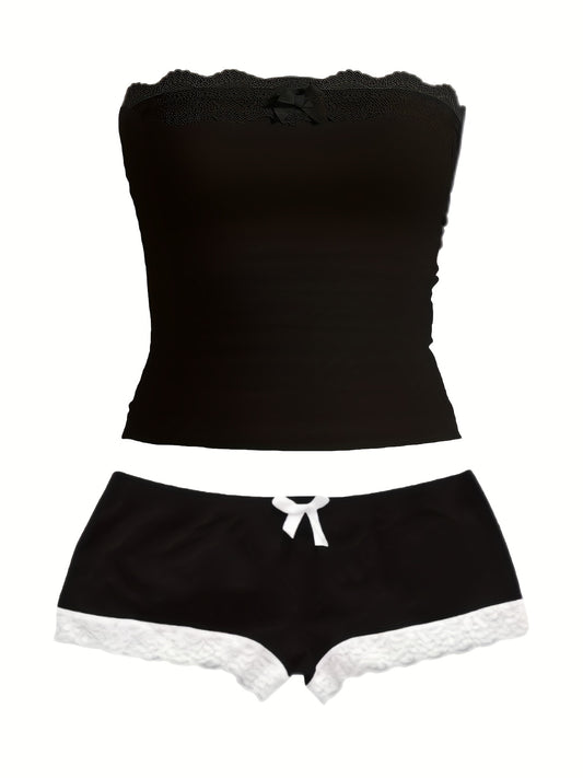 2pcs Fashion Set 2pcs Women's Off-Shoulder Contrast Lace Top and Casual Shorts Set