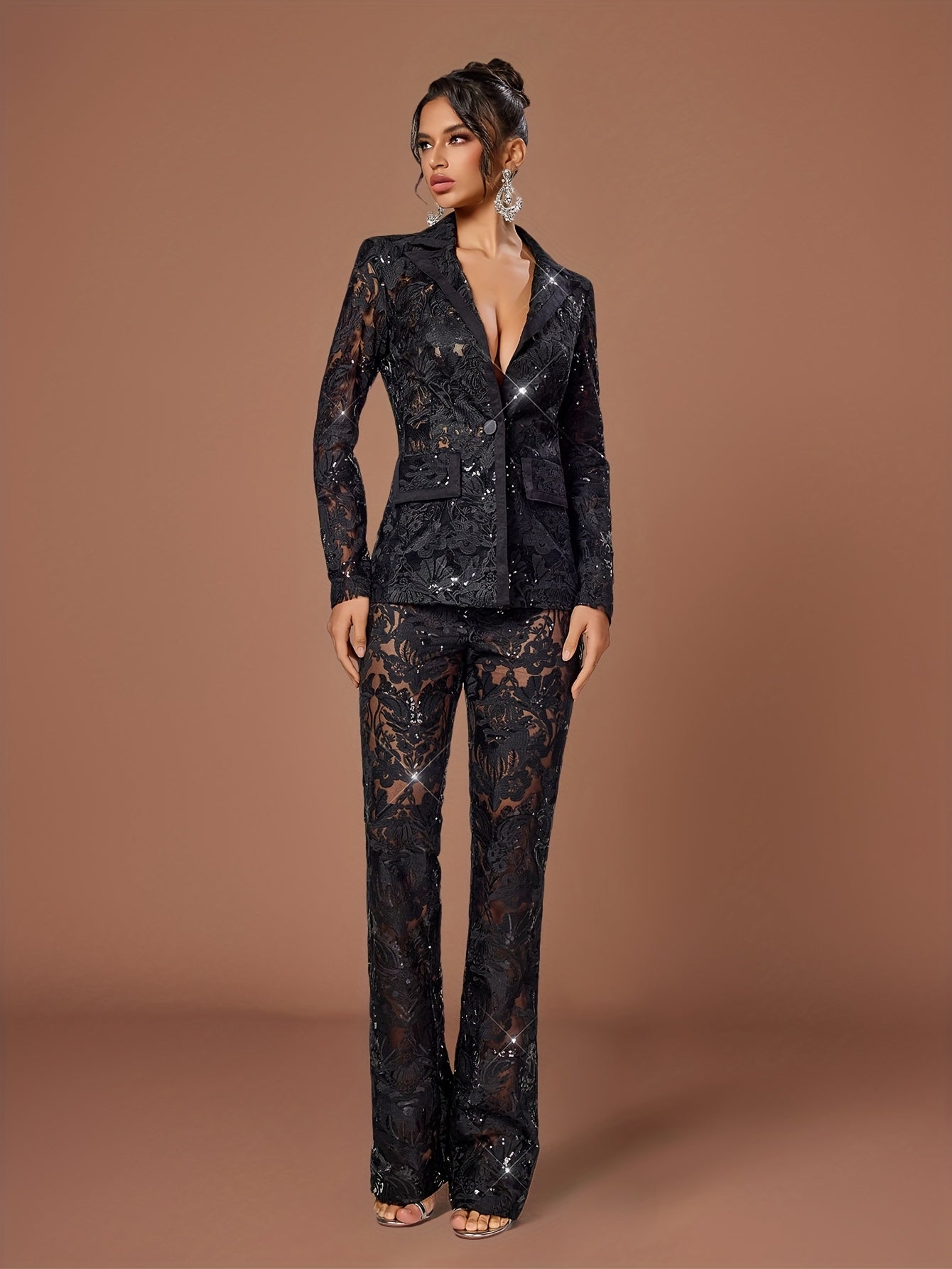 Chic Solid Color Bell-Bottom Trousers Paired with a Sophisticated Lace Suit.