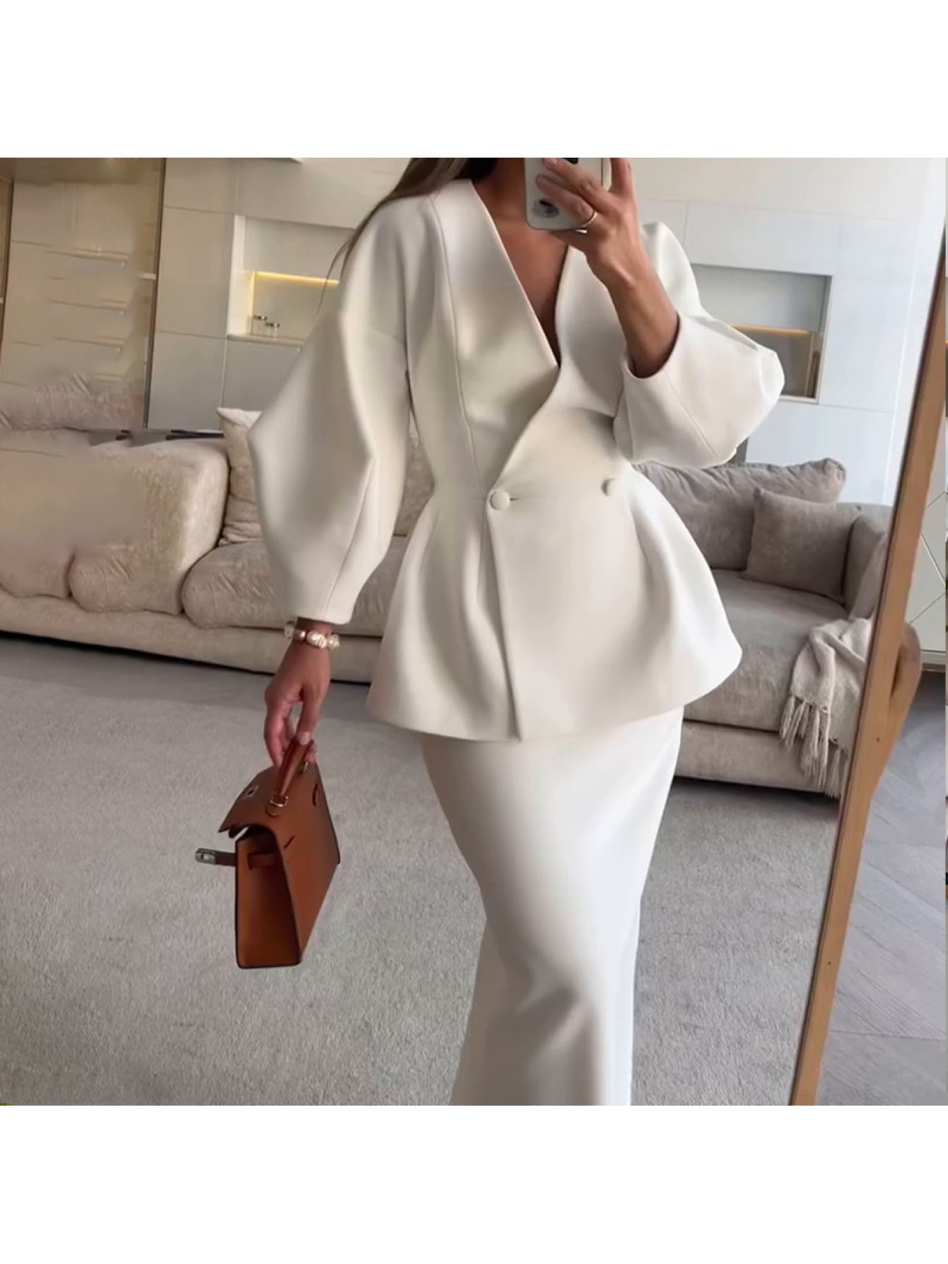 2pcs Women's autumn new suits, fashionable solid color button puff sleeve skirt dress suit