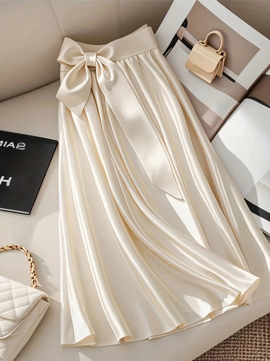 Women'S Elegant Pleated Midi Skirt with Bow Detail - Lightweight Stretchy Fabric for Spring\u002FSummer, Versatile Casual to Formal Wear, Hand Wash Only, Versatile Skirt | Spring Fashion | Flowing Design