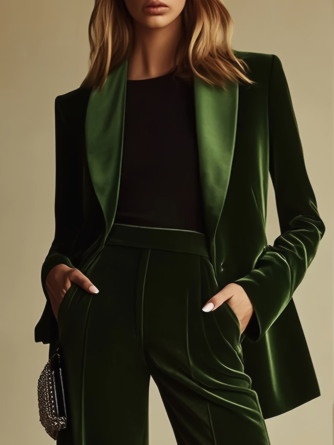 Vintage Velvet Suit Vintage Green Velvet Suit with Pockets | Elegant, Chic Urban Style, Loose Fit, Long Sleeve Shawl & Wide-Leg Pants, Perfect for Spring\u002FFall, Adult Women's Fashion, Stylish Accessories