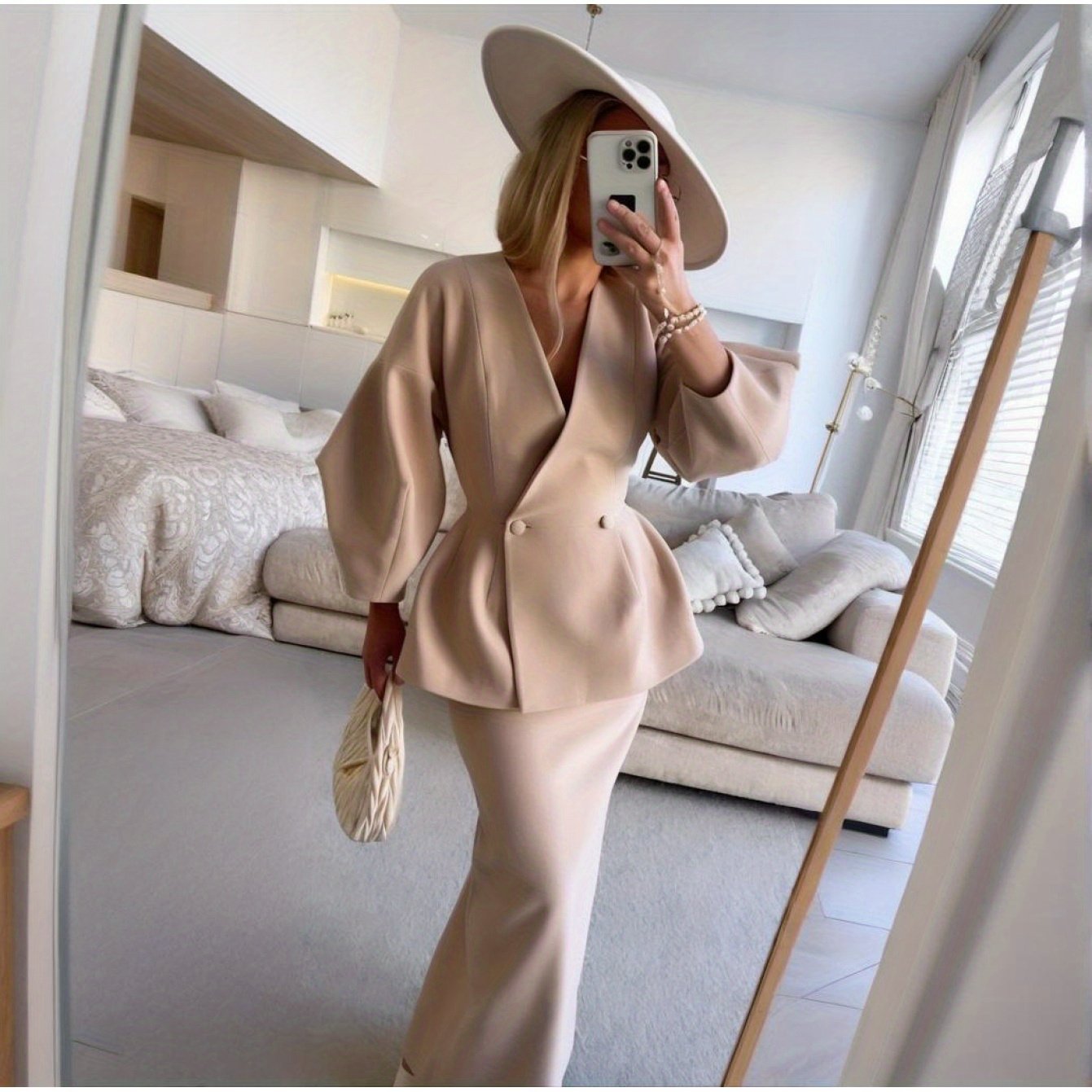2pcs Women's autumn new suits, fashionable solid color button puff sleeve skirt dress suit