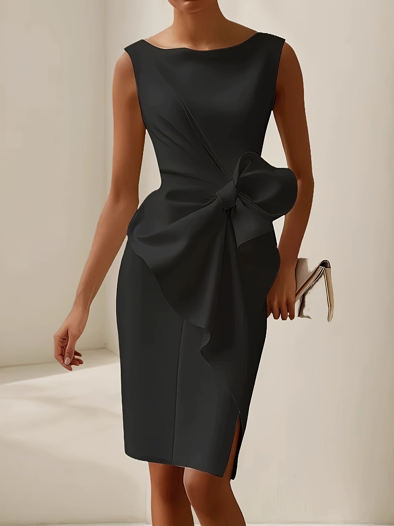 Elegant Bow Embellished Slim Fit Dress Skirt - Sleeveless Crew Neck, Solid Color, Mid-Length, Bodycon Style for Women, Perfect for Formal Events and Special Occasions, Special Occasion Dress | Sleeveless Elegance | Sophisticated Design, Cute Dresses