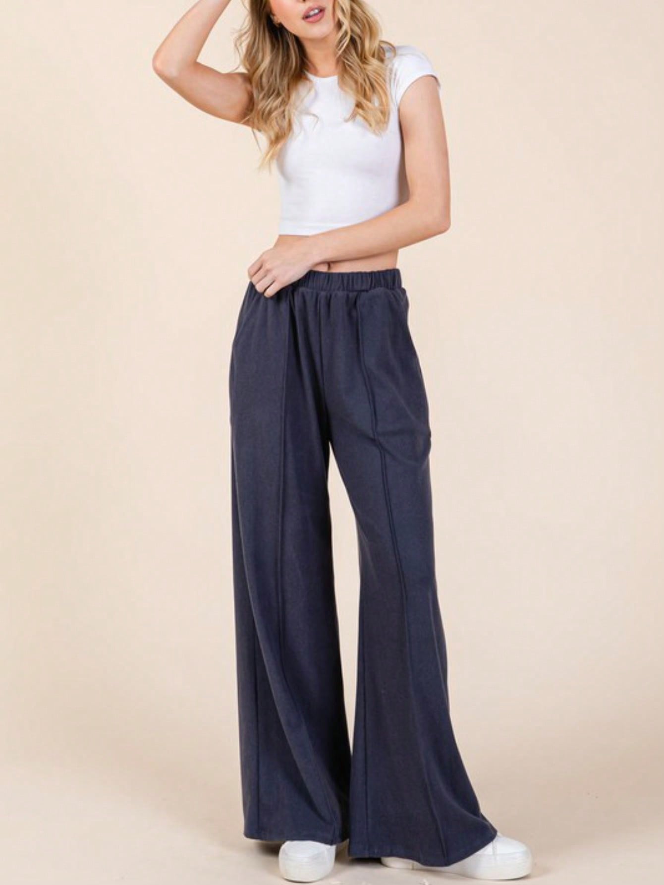 Women's Casual Wide-Leg Pants Essential Elastic Waist Lounge Pants With Pockets Navy Relaxed Fit Elastic Waistband Lightweight Perfect For All Seasons Everyday Wear