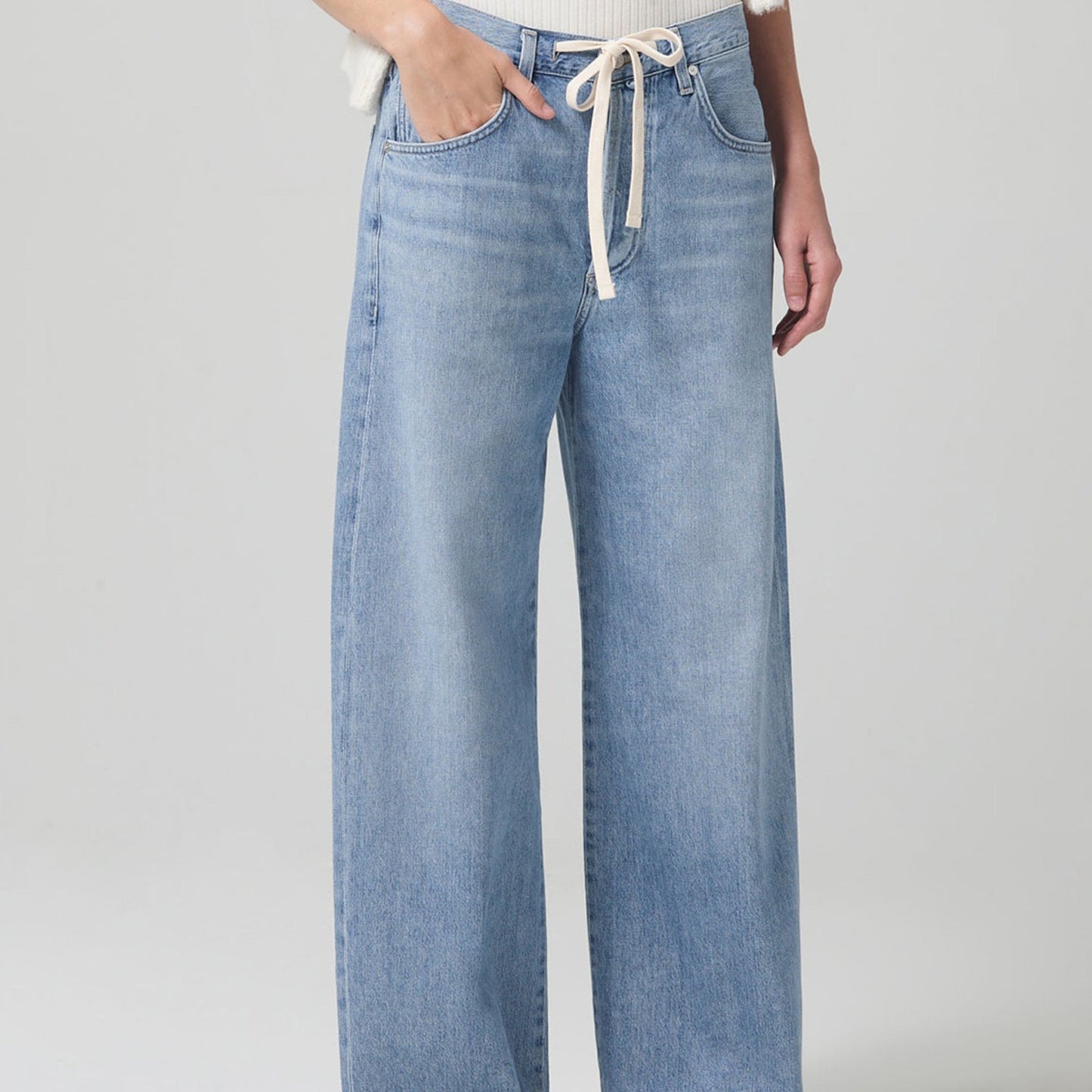 Women's Casual Wide-Leg Denim Jeans with Drawstring Waist and Pockets - Solid Color, Cotton Blend, Machine Washable