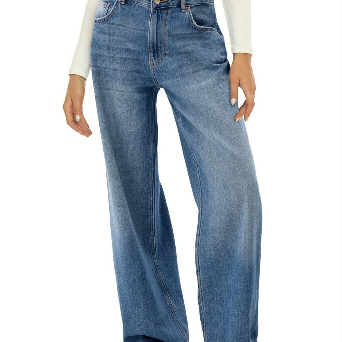1pc Women'S High Waist Cotton Faux Denim Faux Denim - Casual Solid Color Straight Leg Pants with Button Detail, Side Pockets, All-Season Woven Loose Fit for Adults